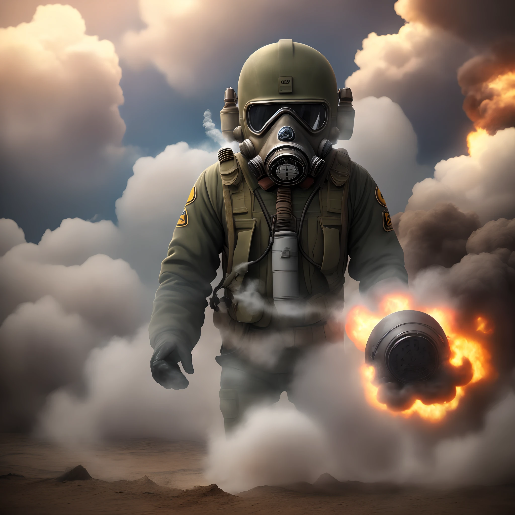 A imagem muito interessante em 9:16 features a soldier in a combat position, with dark gray background and smoke all around. The soldier is wearing a military uniform, holding a gun and wearing a gas mask. The gas mask can be highlighted with a vibrant color, como vermelho ou amarelo, contrastando com o restante da imagem em preto e branco. The image aims to convey the sense of danger and tension that was constant during the war. --auto