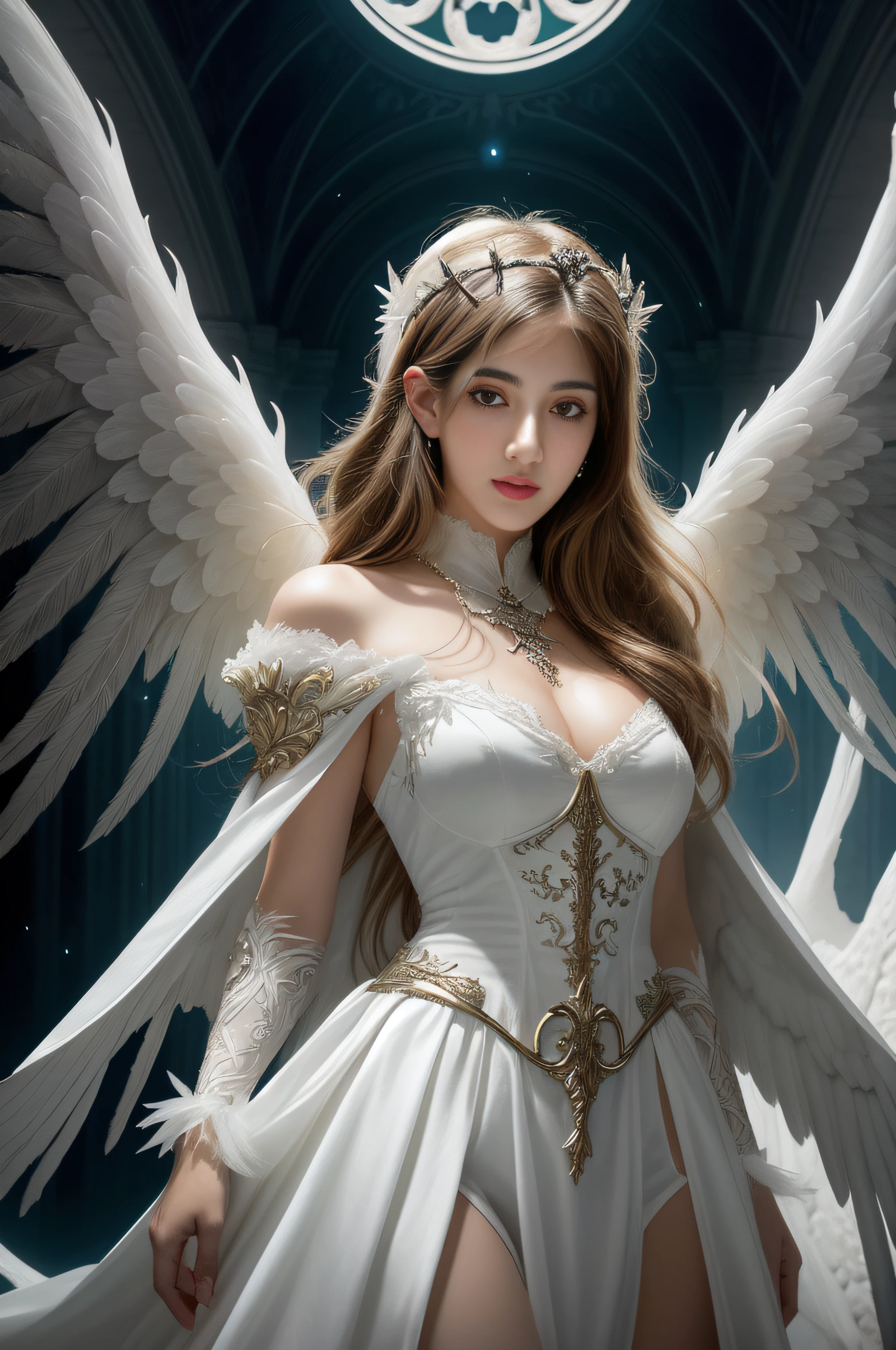 Cowboy shooting, (black wings:1.2), Very long hair, Side Mao Insult, collar, Keep, Off the shoulders, (white dress:1.3), white jacket,halo,