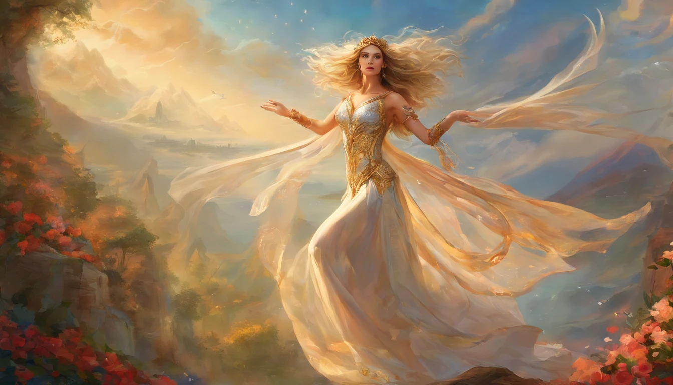 Michelle Pfeiffer, 30 anos de idade, Dancer in a long dress with side openings, cabelos soltos, orelhas de elfo detalhadas, dancing shoes, tiara dourada na testa, facial expression of tenderness, olhos claros, Face looking at the camera, Golden bracelets on the arms, roupa drapeada, Palco teatral como pano de fundo, Realismo 32K