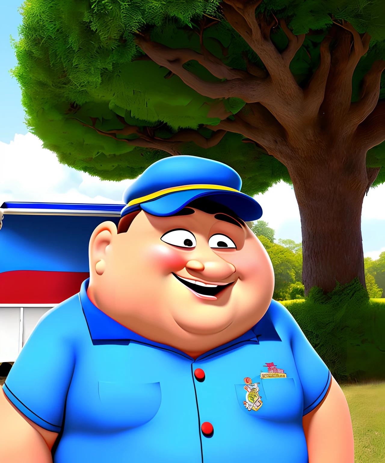 crie uma imagem no estilo Pixar . The character is an overweight burger man, 36 anos, loiro escuro de olhos verdes, 1.80m de altura . Hair is brown to dark and combed sideways, sorridente e com barba por fazer no rosto todo . He must be wearing a red uniform and a blue cap in a Brazilian snack trailer. O trailer tem que ser "vermelho e mostarda" and being in a square with a church and trees