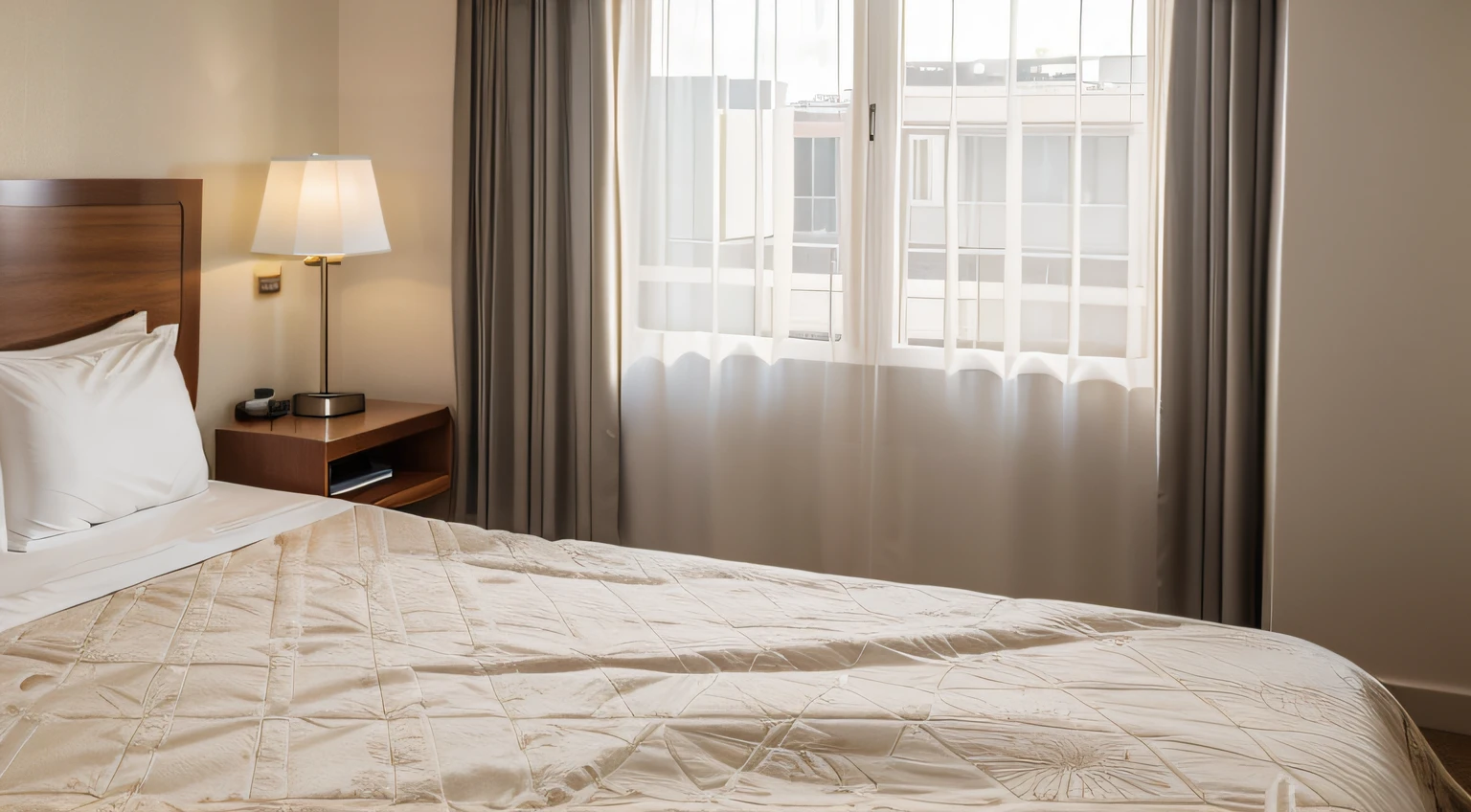 a hyper realistic photography of the hotel room in Melbourne, no people, Nikon D850 DSLR 4k camera, 100mm lens, F 1.2 aperture setting, bright and natural lighting, vibrant, fun and relaxing atmosphere