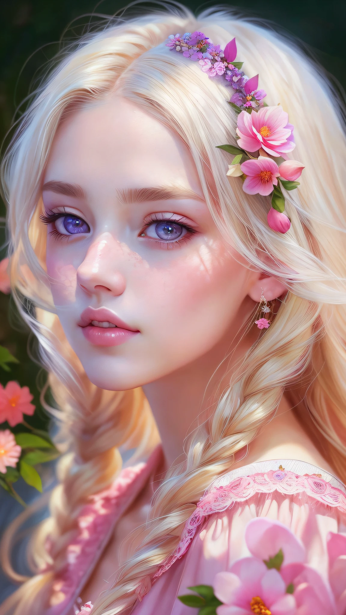 blond girl,There are pink flowers on the hair, Guviz-style artwork, Gorgeous digital painting, Kawaii realistic portrait, beautiful fantasy portrait, in the art style of bowater, beautiful fantasy art portrait, beautiful digital painting, digital fantasy portrait, Realistic digital art 4K, Realistic digital art 4 K, Beautiful digital illustration, Beautiful digital artwork, 🌺 CGSesociety