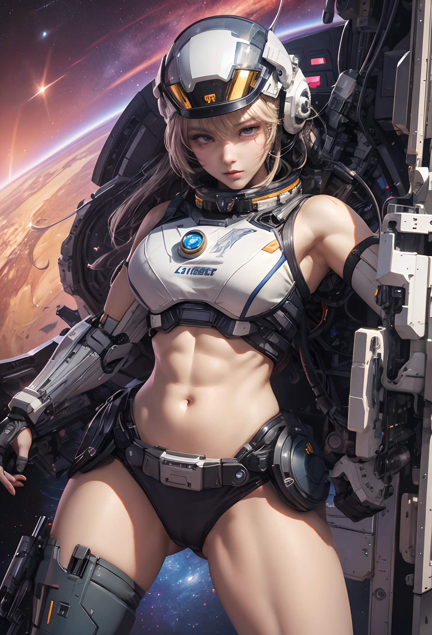 (Detailed illustrations,Very detailed and detailed drawing,Delicate lines with slow and rapid,Realistic texture expression),[Color tressed main line],(Space Battlefield [Space Mobile Fortress]),[独奏],HENTAI (((ANIME) BIONICGirl) Beauty  ((well-muscled) [plump])) (Astronauts Cyborg) [Space Marine Corps Military [MASCHINEBODY]],Bullet Belt Javelin [[Firearms, Machine Guns, Bazookas] Saber Rifle ][[Rocket Pack]],Zero Gravity Front,gravure [[White Devil] [Outer space combat]] Battle Damage,[retro-futuristic],(Intricate and beautiful decoration [Dense detail]),(Fine and beautiful skin expression [Transparency]),[Perfect eye details (Iris beautifully drawn in every detail)[Jewel-like eyes]],[long and beautiful eyelashes],[Meticulously drawn hair [More on beautiful and shiny hair]],(Perfect hand details [Beautiful fingers without breakdowns [Beautiful nails]]),(Perfect Anatomy (Perfectly proportioned)) [[Full body like]],[[Design built to the highest level]][Ideal color coordination(Accurate simulation of light-material interactions)],(HighQuality,[Precision Detail] hight resolution,(detaileds,high-detail)),[Visual art that conveys a sense of narrative].