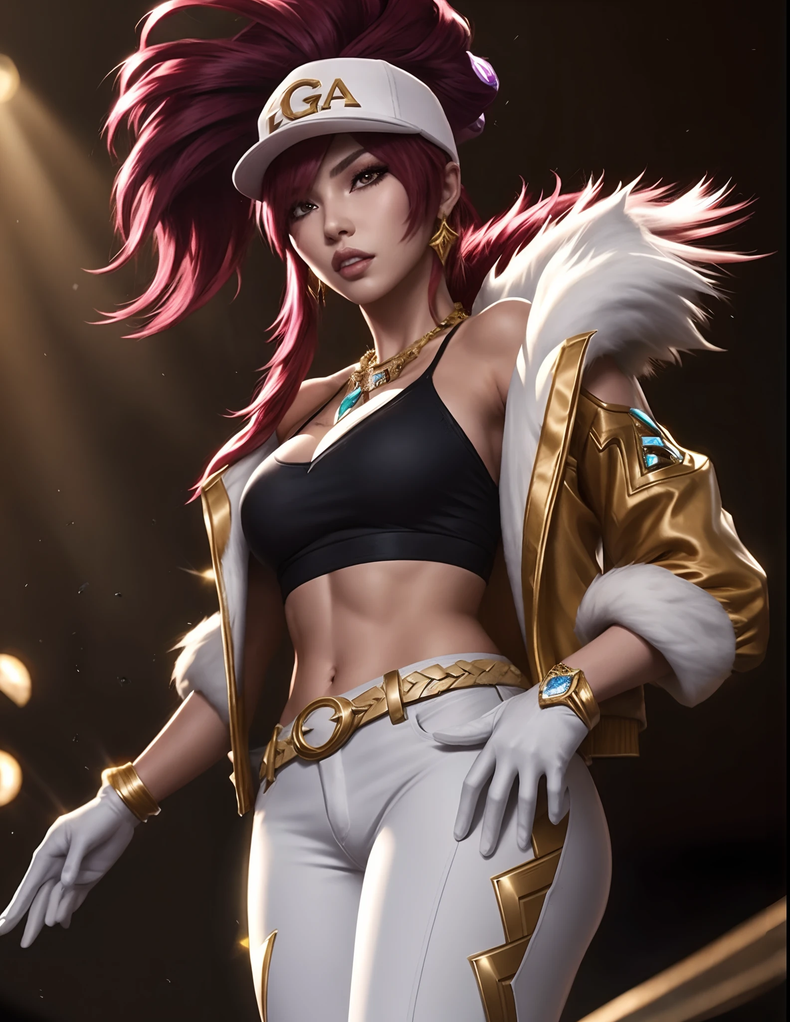 Akali kda prestige, 1girl, solo, long hair, breasts, looking at viewer, jewelry, medium breasts, red hair, necklace, hair over one eye, lips, makeup, white headwear, upper body, epic light, crop top, fur trim, jacket, concert hall, standing, white gloves, white pants, tight pants, k/da (league of legends), off shoulder,  parted lips, ponytail,