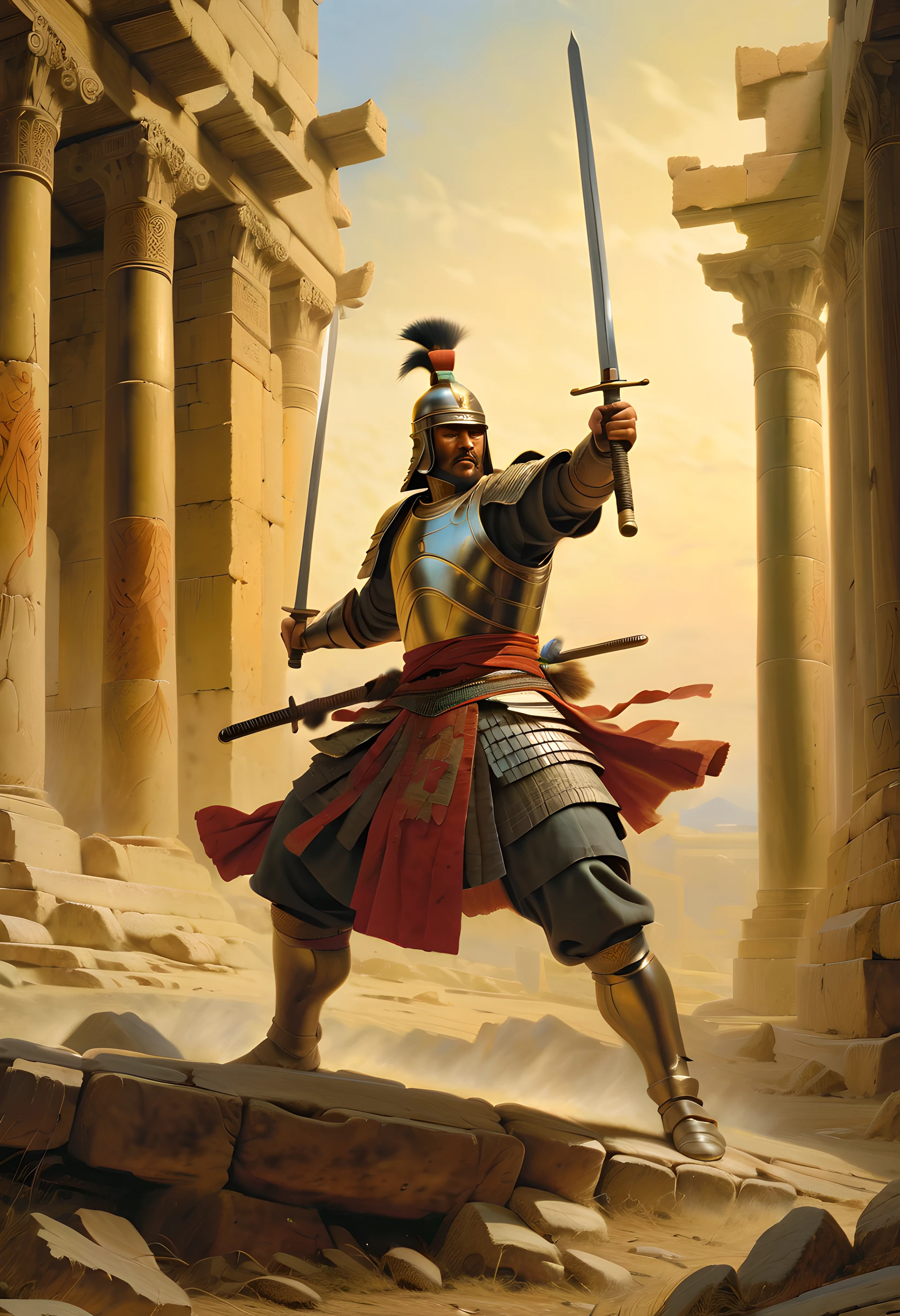 Immerse yourself in the world of ancient warriors with this captivating prompt for an oil painting of a legendary swordsman, poised in a dynamic combat stance, in a traditional ancient battleground. The composition captures the essence of martial prowess and honor, as the swordsman stands with unwavering determination, ready to engage in a fierce battle. The details of their armor, from the intricate patterns to the gleaming metals, are rendered with meticulous precision. The ancient battleground, with its crumbling ruins and atmospheric lighting, adds a sense of history and grandeur to the artwork. Painted by renowned historical artist Jean-Léon Gérôme