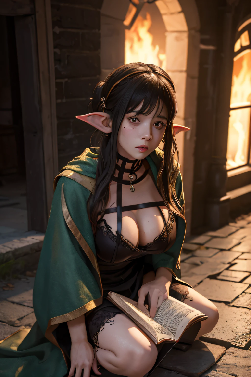 ein dickes elf girl with long ears kneels bei nacht on the floor in front of the viewer mit einem dickem buch in der hand, She wears a kurze robe, You can see wounds on the body, Big plump breasts, She is holding an open book in her hand, The ruin in the background is on fire and she's wearing a heavy slave collar, The girl is sweaty and has bloody hands, night, nachthimmel, brennendes haus im hintergrund, She has an angry expression on her face and has blood on her body, leuchtender hintergrund, magisch