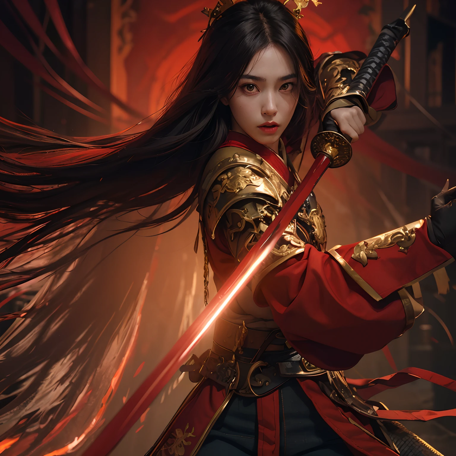 Masterpiece, 8K, Photorealsitic, Raw photography, (top-quality;1.4) ,　girl with Japanese sword , Black and red samurai armor, Black and red trousers(Golden decoration), Glowing red eyes glaring at you, high resolution　, hyper-realistic, real looking skin, enticing, Beautiful expression, combat scene, Intense red aura from the body(Red effect)