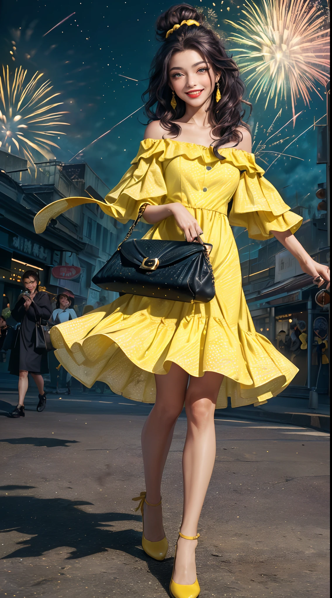 ((((Masterpiece, hiquality, absurdress), 1Woman, (( dark colored hair)), The eyes are green, messy bun hair, Wavy Hair, hairlong, a perfect face, sports body, 独奏, Detailed eyes and face, Bright make-up, red-lips, Feminine dress in yellow with black polka dots, off shoulder dress, yellow shoes, Yellow Women's Handbag, endearing smile, Fireworks in the sky, city street, the night, dark sky, Fireworks light up the sky
