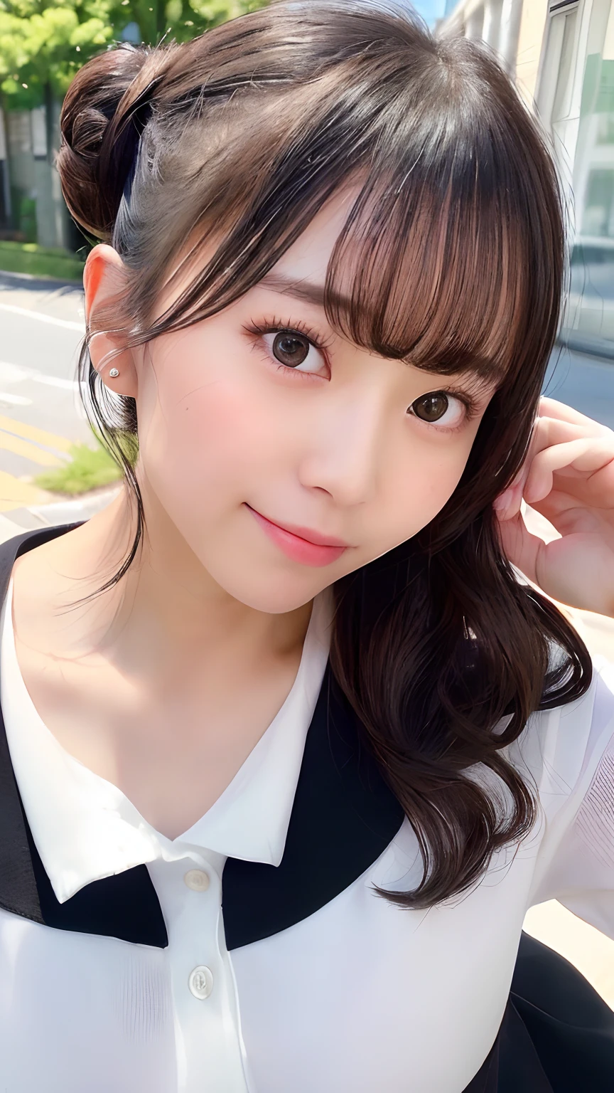 (masterpiece:1.3),(high-resolution:1.1),real taste,professional photographic,
(extremely beautiful realistic girl:1.2),kawaii,solo,(leaning forward:1.3),half updo,(soft saturation:1.3),
(ultra detailed and beautiful face:1.3),(symmetrical black eyes:1.3),natural makeup,(various smile:1.2),
(beautiful detailed school uniform:1.1),(cleavage:0.9),sunny day,shop street,professional lighting,available light,