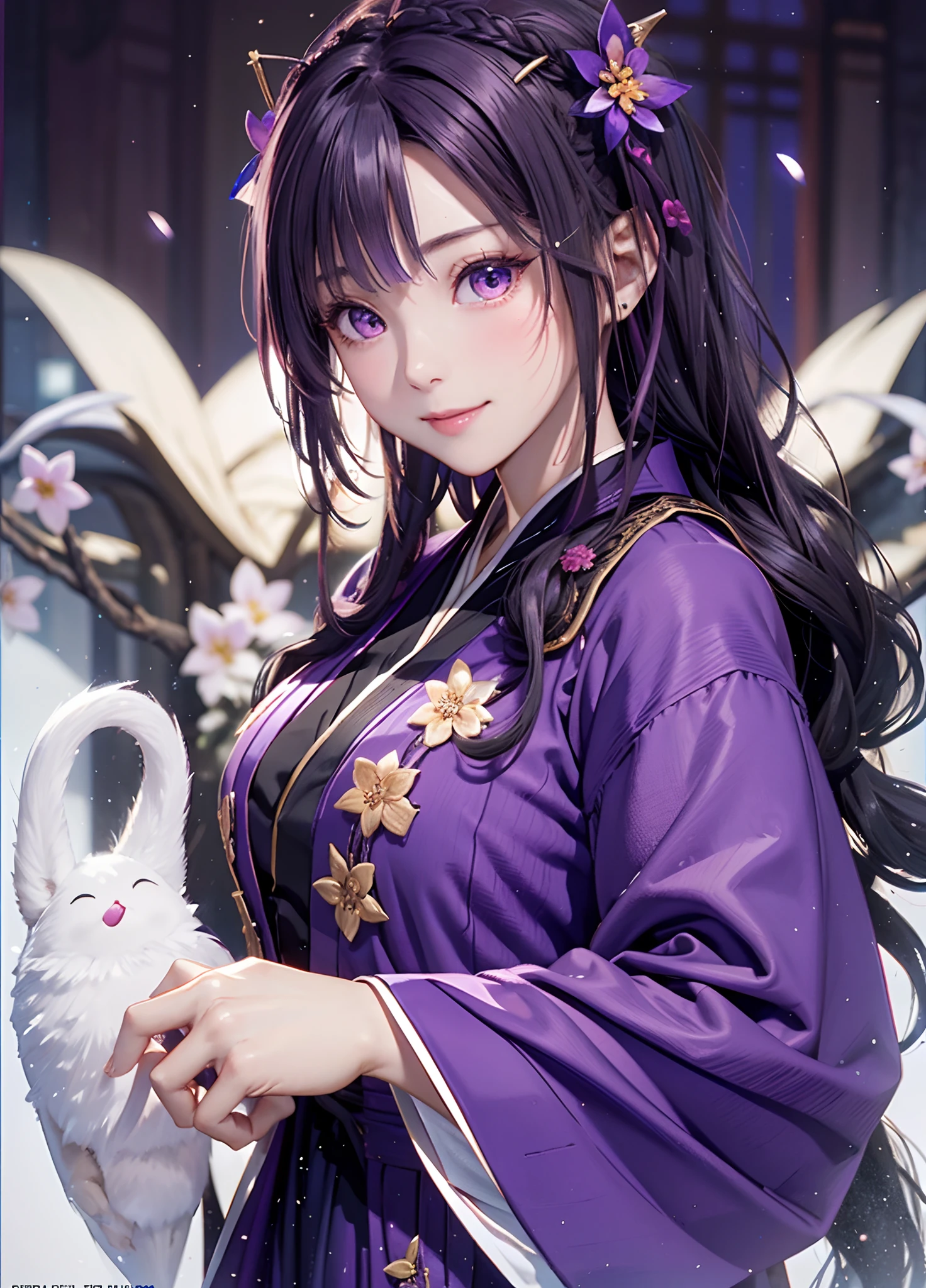 Bright purple Taoist robe, Humph Long Skirt, Big eyes, Masterpiece Absolute Beauty, 1 woman, close-up. close-up, Healing smile, snowscape, 4K picture quality, Twist braids, Princess Hairstyles Princess Cut, Simple Hair Accessories, Plum blossoms, a person々You can't forget the beauty when you see it