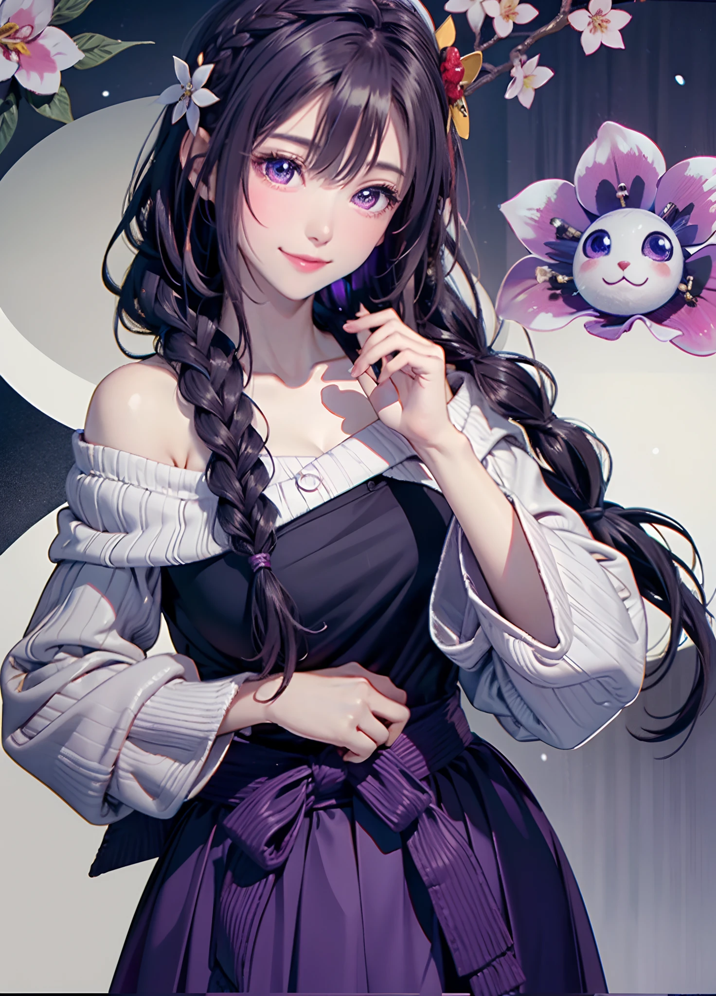 Bright purple Taoist robe, Humph Long Skirt, Big eyes, Masterpiece Absolute Beauty, 1 woman, close-up. close-up, Healing smile, snowscape, 4K picture quality, Twist braids, Princess Hairstyles Princess Cut, Simple Hair Accessories, Plum blossoms, a person々You can't forget the beauty when you see it