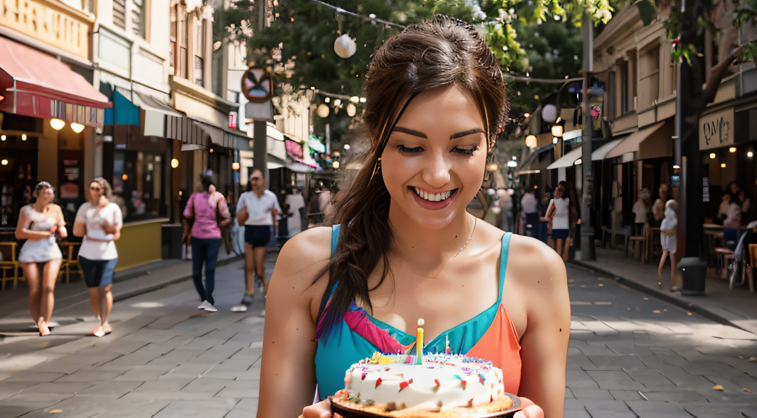 a hyper realistic photography of celebrating-your-birthday in Melbourne, no people, Nikon D850 DSLR 4k camera, 100mm lens, F 1.2 aperture setting, bright and natural lighting, vibrant, fun and relaxing atmosphere