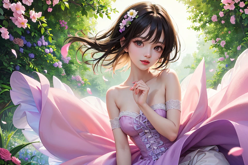 (ultra detailed,detailed faces and features,anime style),(best quality,high-res,professional),(colorful,vibrant,eye-catching),(soft lighting,subtle shadows),(adorable expressions,sweet smile,facial expressions),(cute outfit,diaper girl costume),(playful poses,innocent demeanor),(beautiful garden background,floral scenery),(delicate brush strokes,hand-drawn feel),(sparkling eyes,large expressive eyes),(lush greenery,flower petals floating),(pastel color palette,pops of pink and purple),(dreamy atmosphere,whimsical vibes)