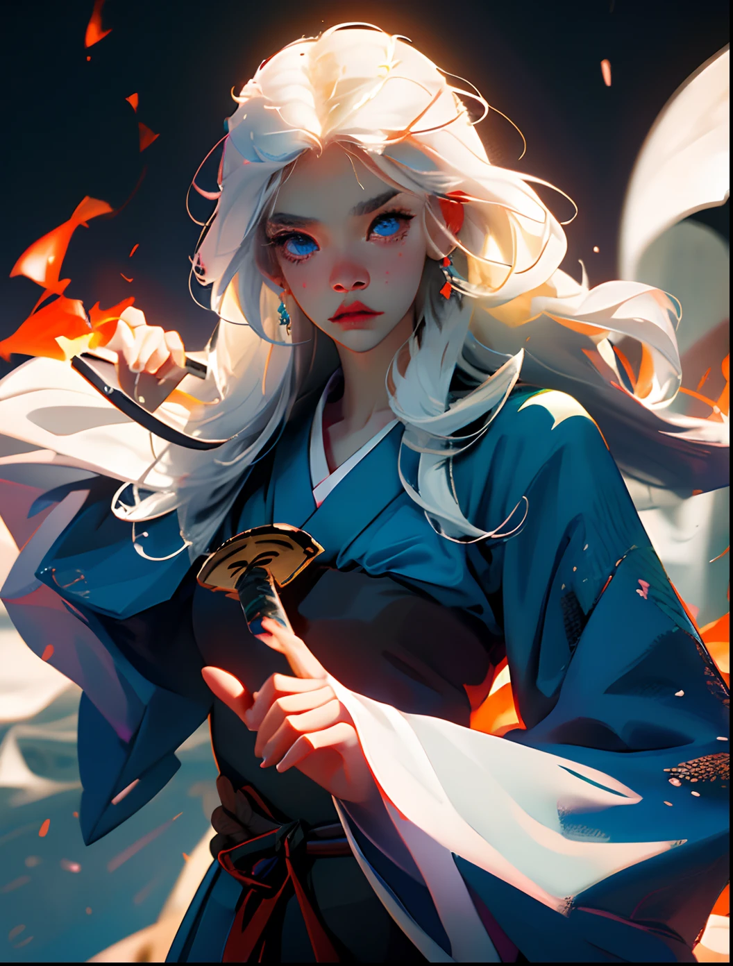 a girl, white hair, rong hair, blue eyes, Japanese sword, black, blue fire