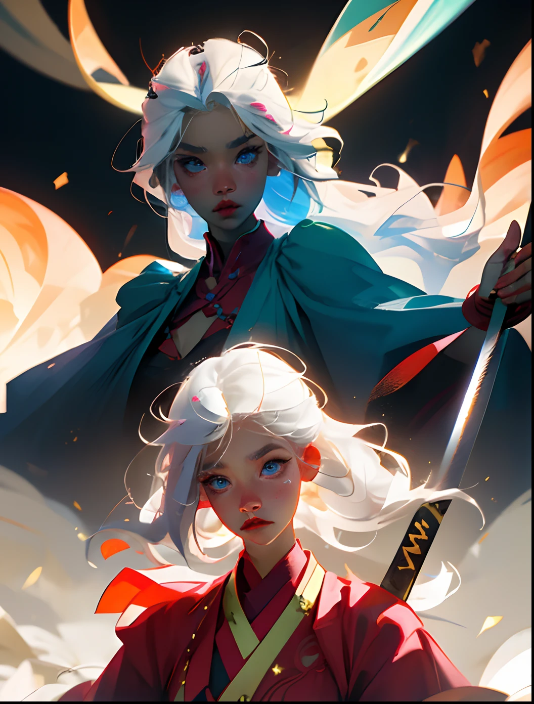 a girl, white hair, rong hair, blue eyes, Japanese sword, black, blue fire