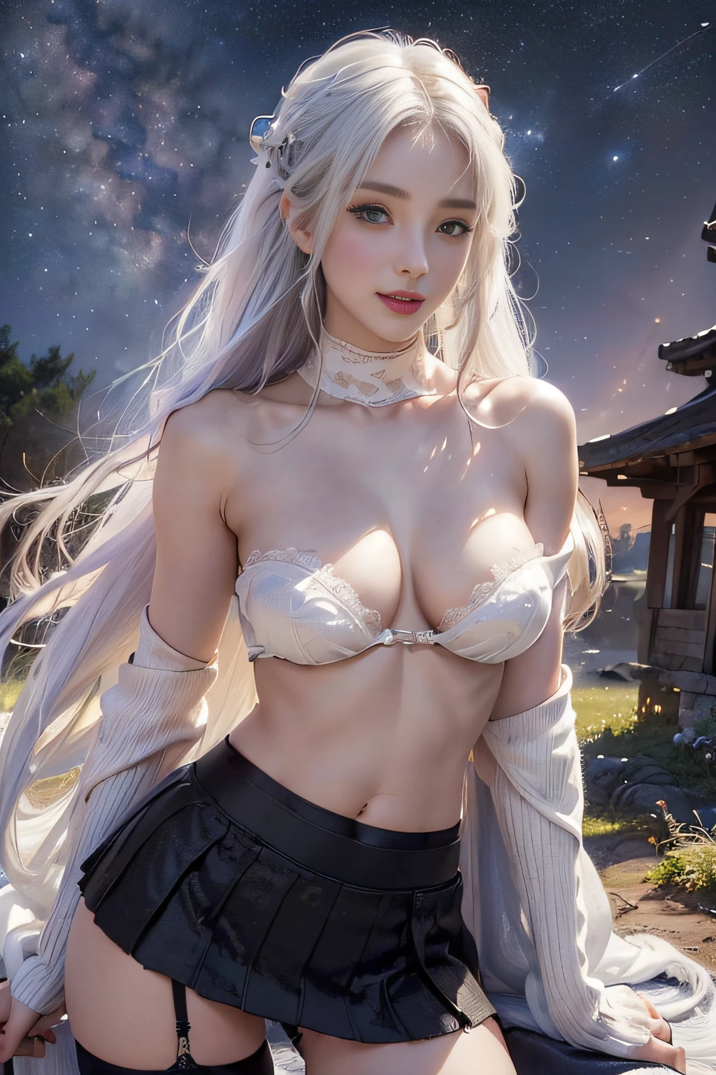 ((tmasterpiece:1.4)、(top-quality:1.4)、(reallistic:1.7))、By Luis Royo(By Luis Royo)Surreal portrait of a beautiful girl、Super beautiful girl、((1girl in:1.4))、Shiny natural skin texture、Authors:By Luis Royo(By Luis Royo)、age19、(Two arms:1.4、Two legs:1.4)、(perfect anatomia:1.4)、(Perfect female body:1.4)、Portrait photo of a girl、Close-up photos、Full body shooting、((masutepiece:1.4), (of the highest quality:1.4), (Realistic:1.7), By Luis Royo, Beautiful Girl, Super beautiful girl, ((1girl in:1. 4), Shiny natural skin texture, Authors: By Luis Royo, 19 years old, (Perfect female body: 1.4), (Perfect female body: 1.) 4), Portrait photo of a girl, Close-up photos, (Full body photo), Fantasy Art, Soft front light, Beautiful expression, Kawaii face, Beautiful breasts, Large Full Breasted: 1. 2, Beautiful buttocks, Fine eyes, Clear and eye-catching, beautiful and alluring, Beautiful eyes, thin waist, Raw photo, Red lips, ((White hair, Long hair)) , 1 Screen View, ),((Off-the-shoulder hand-knitted sweater))、((Black tight skirt))、 (sexyposture), (the milky way in the sky),((T-back panties))、((Black garters and garter belts))、(A smile)、((Vaginal orchids))、((erection)),((sexypose))
