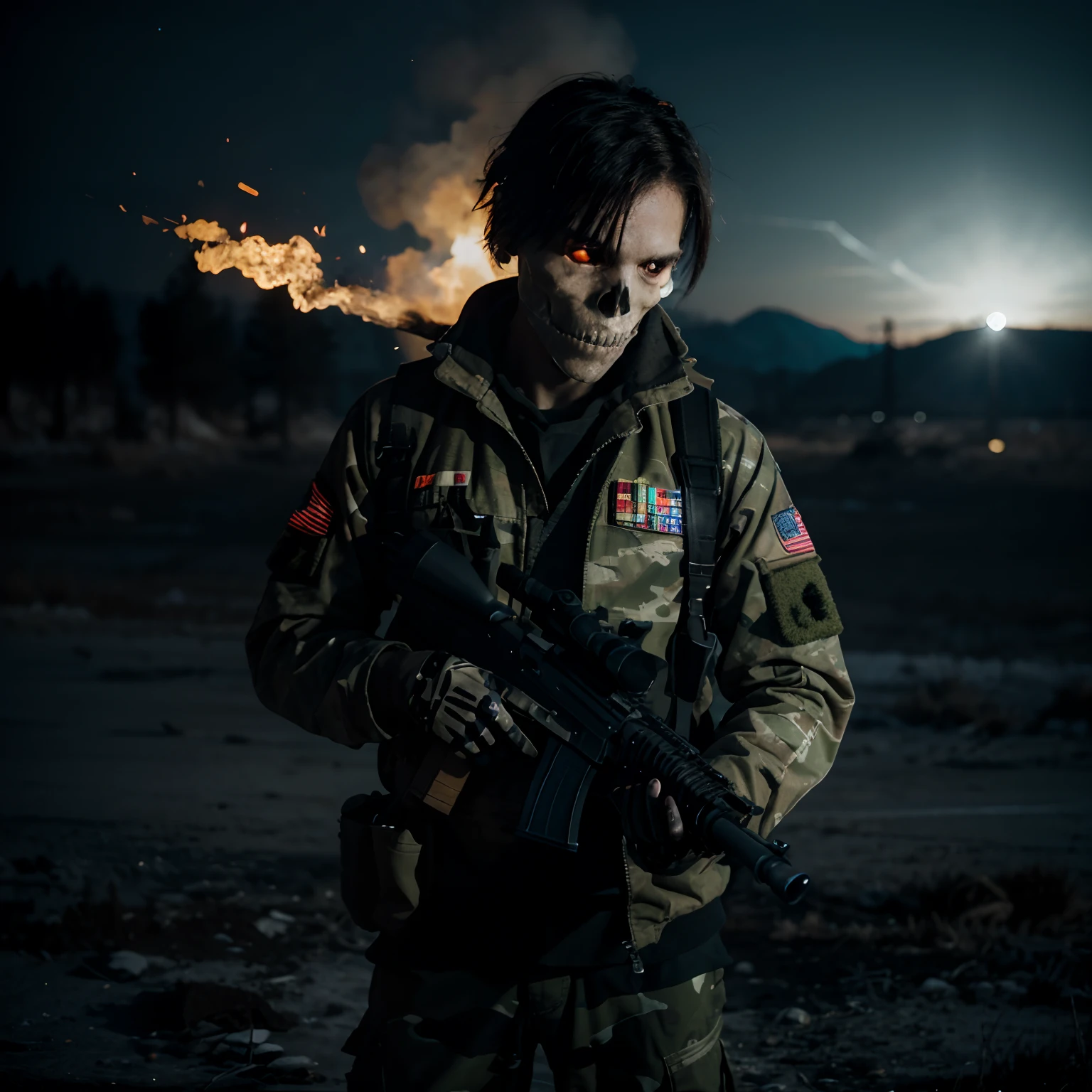A skeleton, wearing army clothes, holding a gun, fire out of his head, ice around him, neon lights, high quality, high detail, 8k