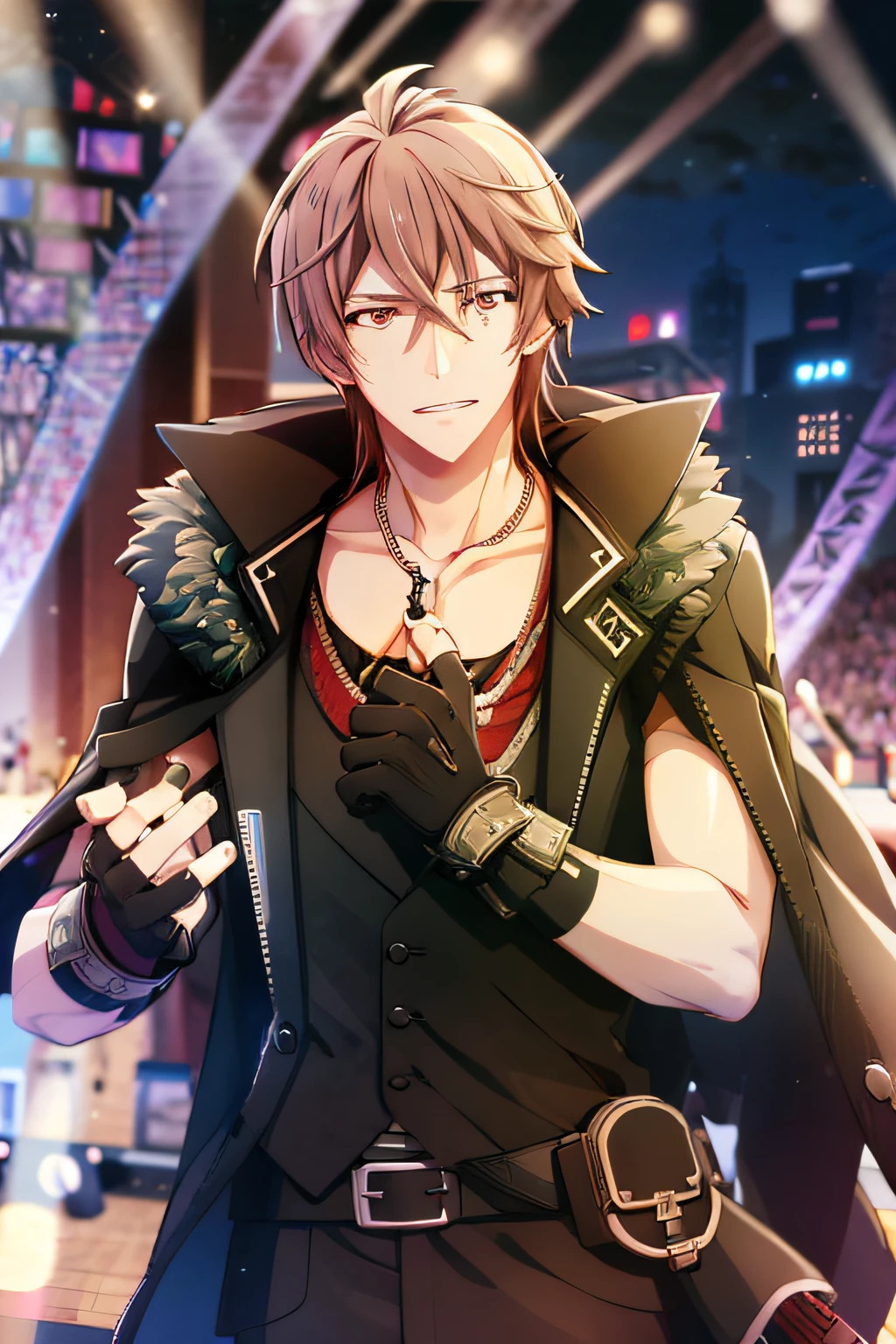 mido torao\(idolish7\), 1boy, solo, looking at viewer, male focus, bangs, brown hair, red eyes, hair between eyes, grin, collarbone, black gloves, fingerless gloves, necklace, vest, coat, black jacket, fur trim, stage, stage lights, concert, lens flare, glint,