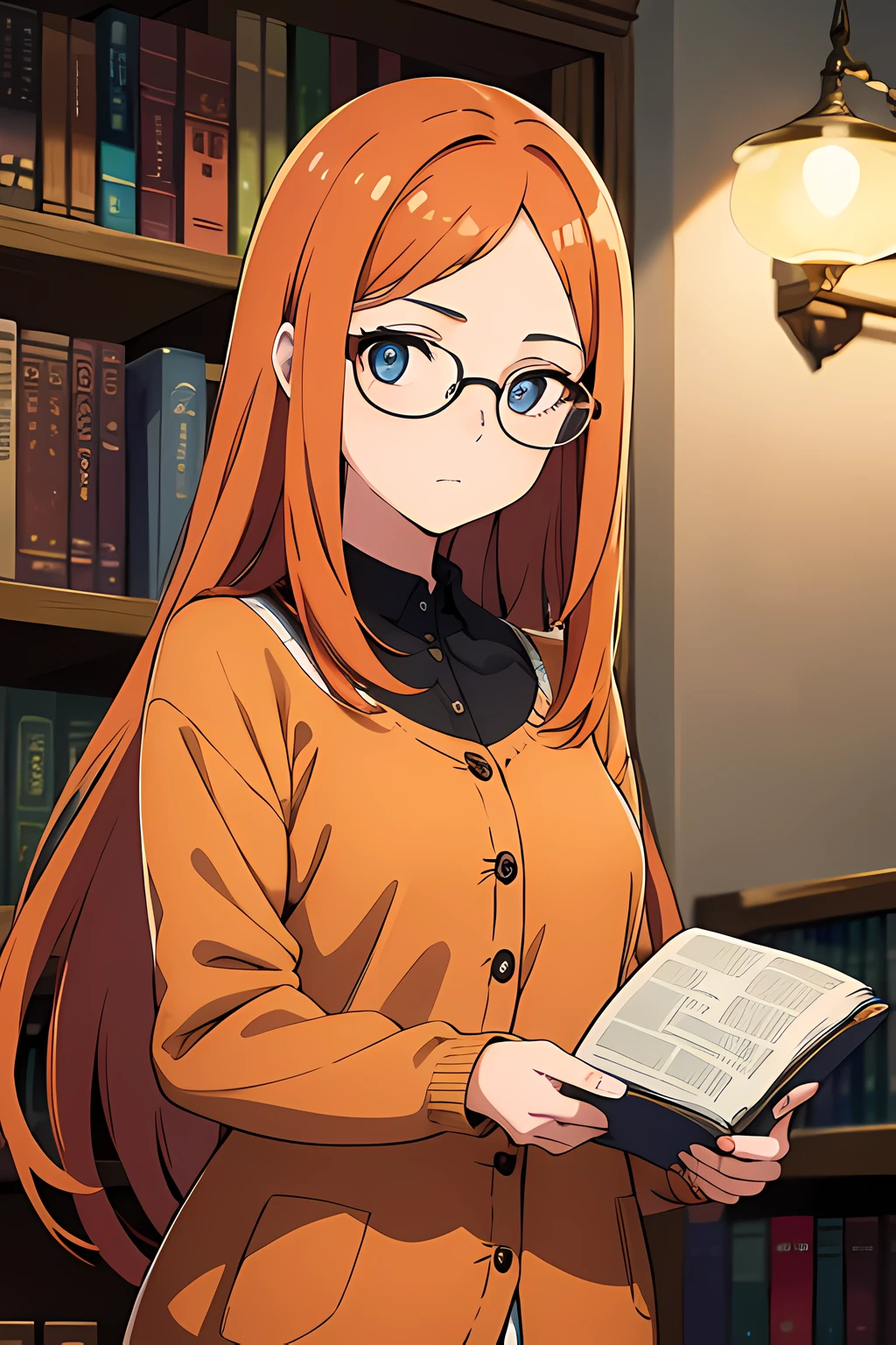(1 girl, wearing round glasses), (beautiful eyes finely detailed, face to detail, dark orange hair, long hair), wearing librarian outfit, chill facial expression, standing near bookshelf, touching a book in the bookshelf, at the library, many magical particle surrounding her, masterpiece, top-quality, detailed, high resolution illustration
