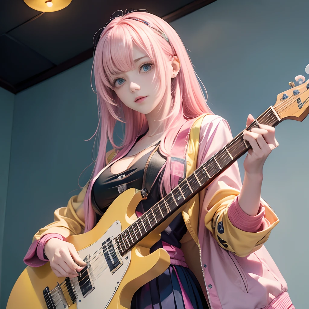 masutepiece, Best Quality, Extremely detailed, Anime, Girl strumming electric guitar furiously:1.5,Solo, hair messy,Yamaha PACIFICA112VMX(Yellow Natural Satin,Yellow Natural Satin),18 years old ,Hair over one eye, ,Wear the pink jersey jacket correctly., Longhair, Pink hair,Straight hair,Candy Plasma Blue Eyes, lower boobs,Side,Big Tits,Pink jersey,Sticky Clothes