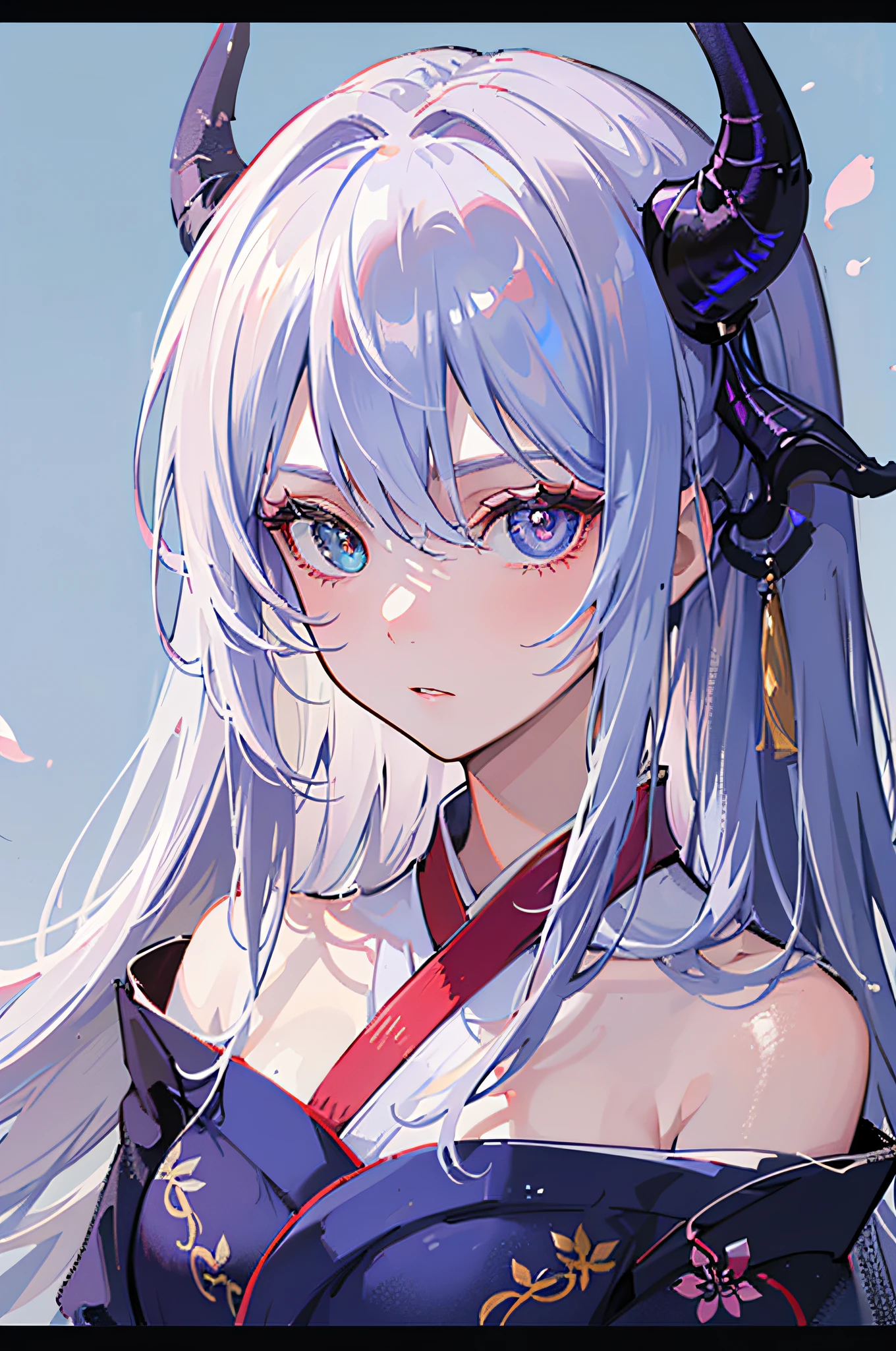(best quality, high-res, masterpiece:1.2), perfect face, (serious expression:1.2), detailed eyes, elegant, (heterochromatic eyes), (2curved blue horns), dragon woman, (wearing a white and pastel blue elegant kimono), (cherry blossom background), long silver hair, (side view), (looking at viewer), snowy background