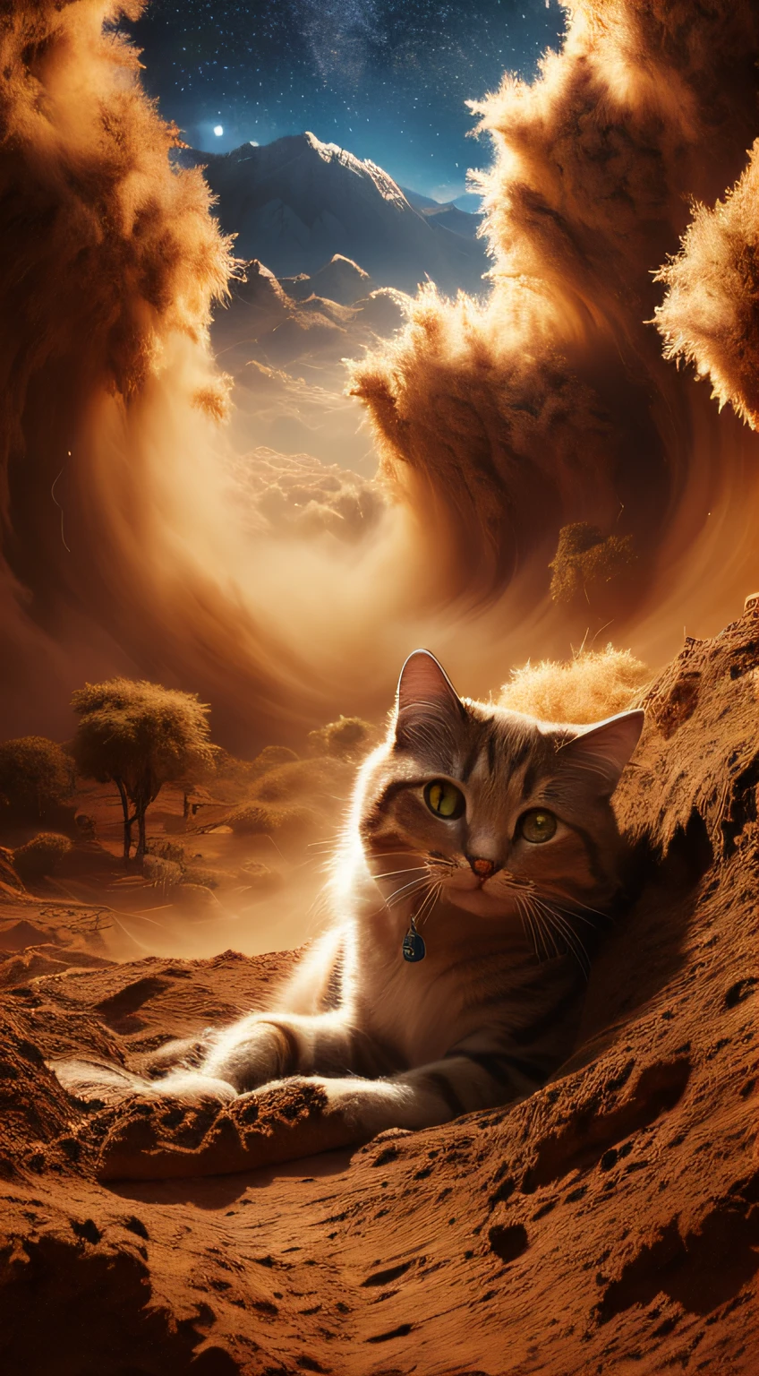 ultra-wide-angle，(Masterpiece:1.3),(Highly detailed:1.3),(A high resolution:1.1),Best quality,Hyper-detailing,landscape,Science fiction，forest,magic,Starry sky,Starcloud,A cat looking up at the stars