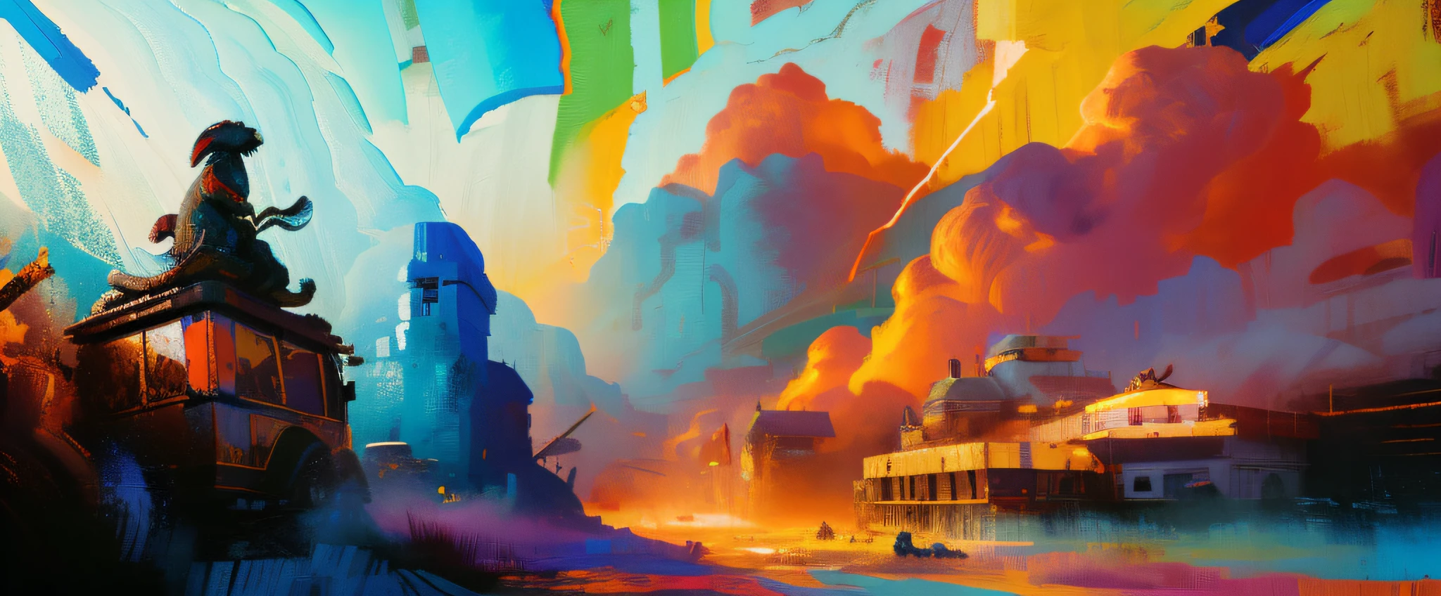 Warriors face off against giant monsters，Huge giants，The art of Godzilla，A picture of oppression，Cinematic atmosphere，There is a white line running through it, Palette knife background, Colorful energy brushstrokes, abstract paintings. 8K, colorful digital painting, painted in high resolution, vibrant digital painting, expressive digital painting, Abstract drawing techniques, in style of digital painting, Vivid abstract landscape, Beautiful art UHD 4 K