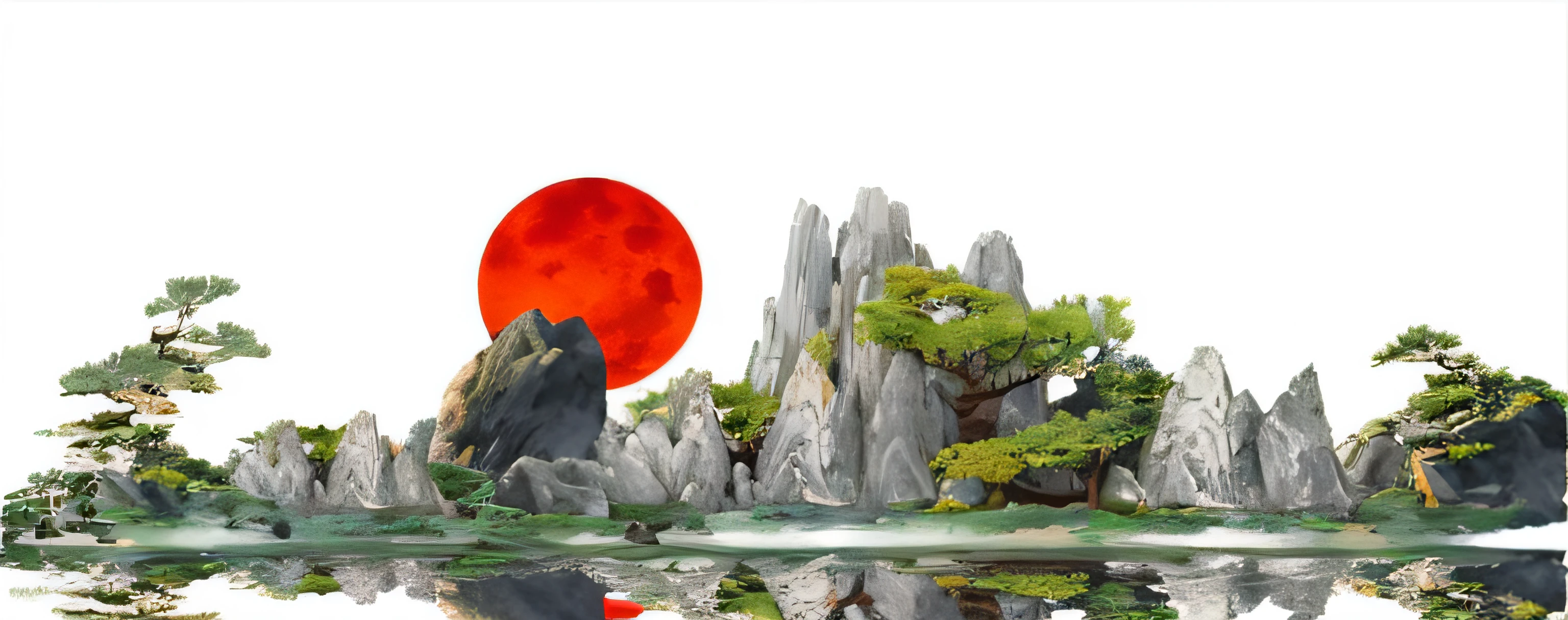 there is a red moon rising over a mountain range with trees, japanese landscape, japonisme 3 d 8 k ultra detailed, red moon, japan grungerock from colors, japanese style painting, asian sun, chinese painting style, japanese art style, korean artist, inspired by Li Keran, red sun over paradise, japanese art, red sun, detailed crimson moon