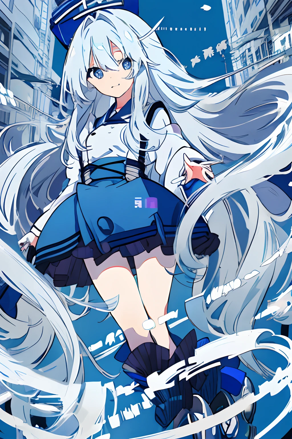 Anime girl with long white hair and blue eyes in a blue uniform, Happy worker,