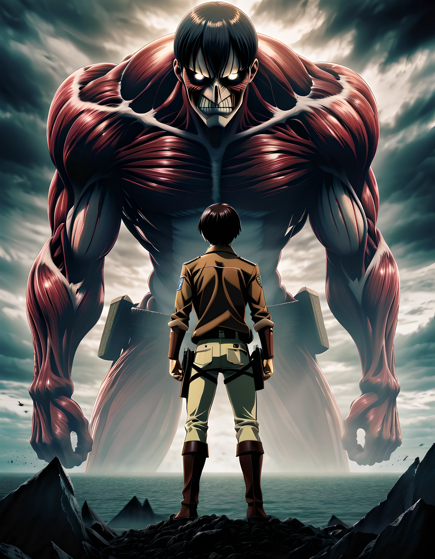 Photography paying homage to Hajime Isayama's Attack on Titan, presenting a moody movie poster. Eren Jaeger takes center stage, dressed in a worn Paradis Island uniform and equipped with ODM gear, a symbol of his relentless determination. His eyes widen with fear as he gazes up at the colossal titan, its enormous figure casting a haunting shadow over the scene. The lighting is dim, emphasizing the dark and dangerous world in which Eren finds himself. This poster captures the essence of the series, evoking a sense of urgency, suspense, and the constant battle against overwhelming odds