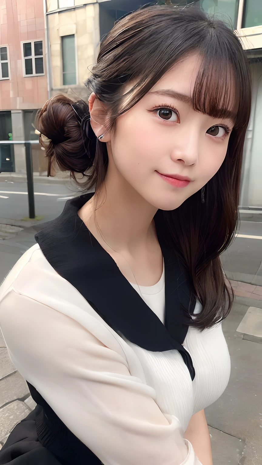 (masterpiece:1.3),(high-resolution:1.1),real taste,professional photographic,
(extremely beautiful realistic girl:1.2),kawaii,solo,(leaning forward:1.3),half updo,(soft saturation:1.3),
(ultra detailed and beautiful face:1.3),(symmetrical black eyes:1.3),natural makeup,(various smile:1.2),
(beautiful detailed school uniform:1.1),(cleavage:0.9),sunny day,shop street,professional lighting,available light,