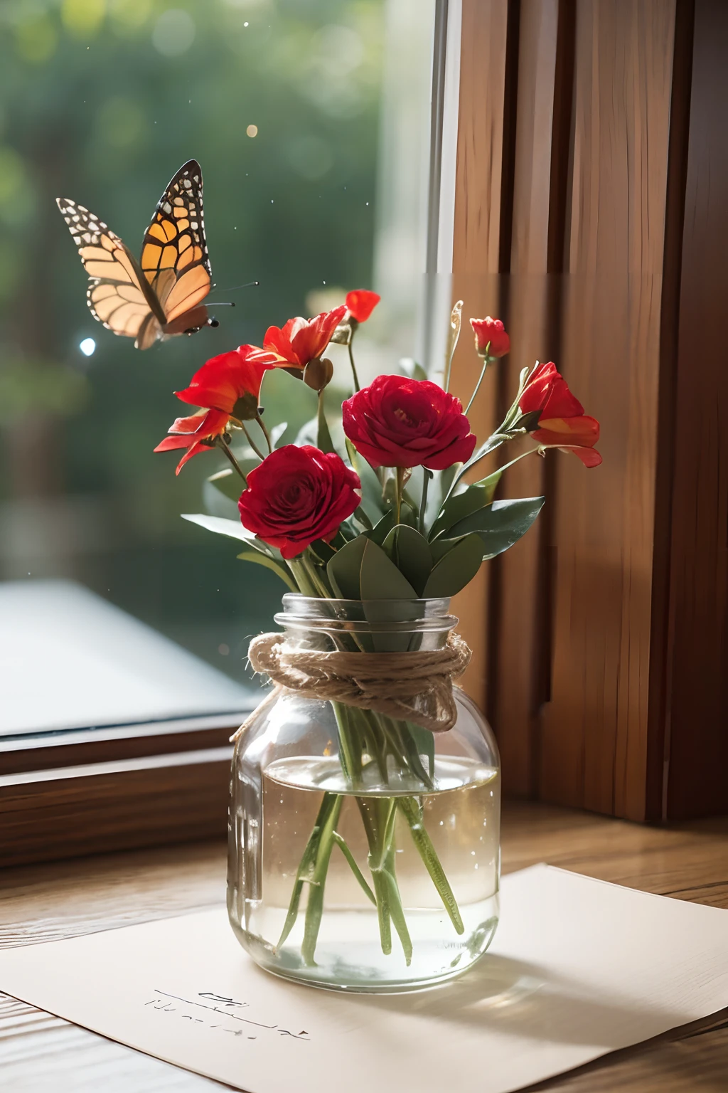 The highest image quality, Tie a ribbon,Hanging cards,Round drifting bottles,It contains dried flowering plants,dream magical,Place on the desktop, Next to it is a retro English paper,A few red petals fell,There are also butterflies flying in bottles,Outstanding details, 超高分辨率, (Realism: 1.6), favor details, Bokeh,