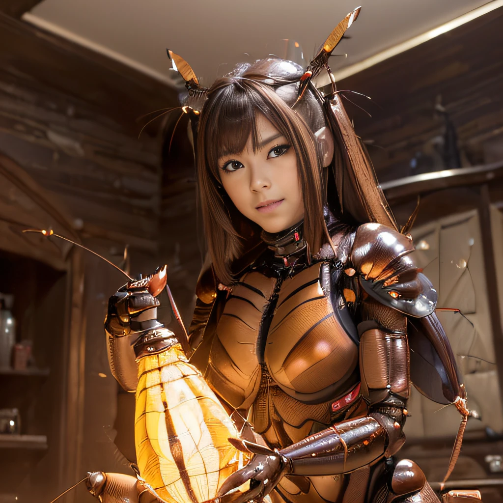 (high resolution,masterpiece,best quality,extremely detailed CG, anime, official art:1.4), realistic, photo, amazing fine details, all intricate, gloss and shiny,awesome many layers, 8k wall paper, 3d, sketch, kawaii, illustration,( solo:1.4), perfect female proportion,villainess, (fusion of dark brown cockroach and lady:1.4), (brown cockroach form lady:1.2), (brown cockroach lady:1.2), (fusion:1.2), (solo:1.4), (evil smile:1.2), muscular, abs, (cockroach brown exoskeleton bio insect suit:1.4), (cockroach brown exoskeleton bio insect armor:1.2), (brown transparency cockroach wing:1.4), (brown cockroach antennae:1.3),