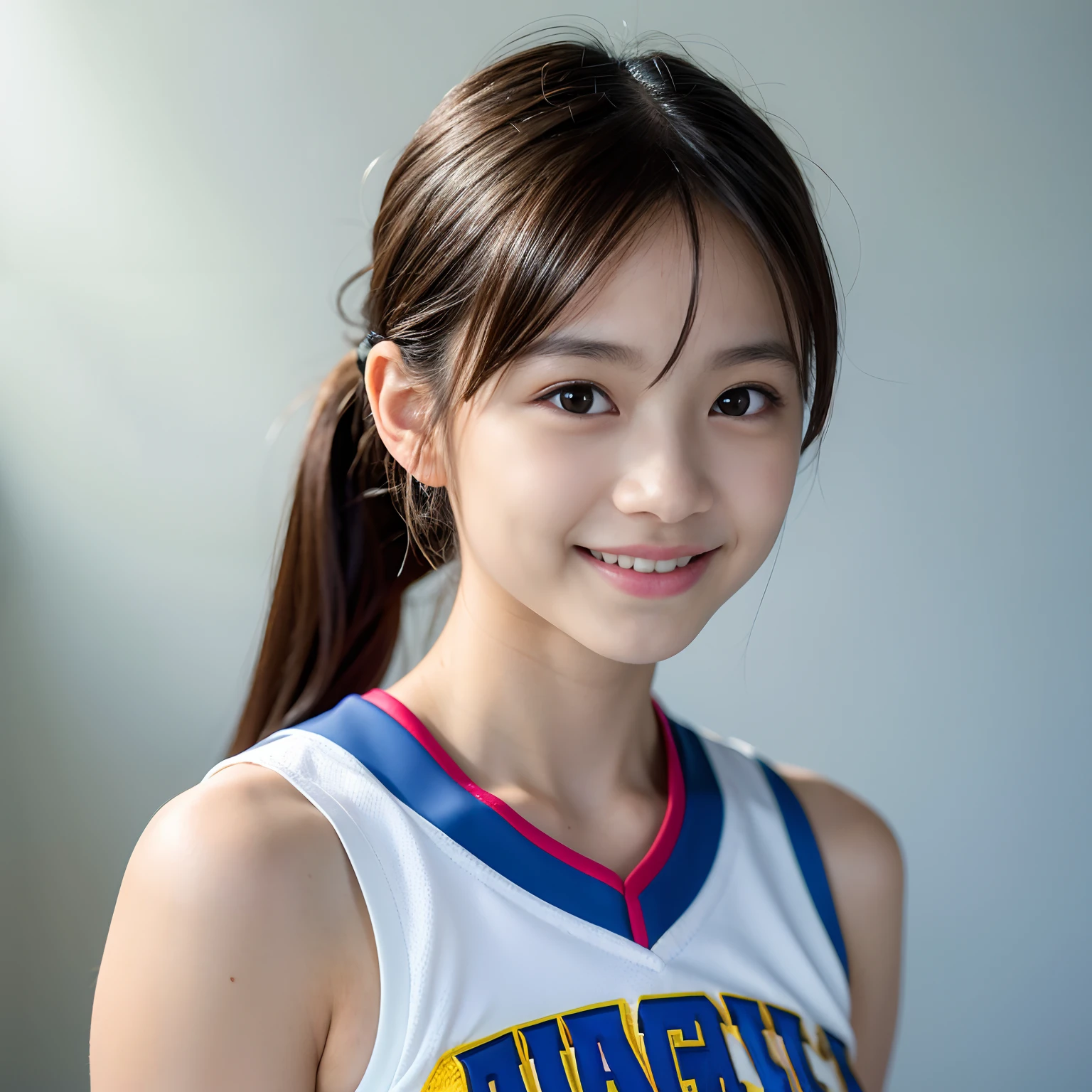 Best-Quality, Masterpiece, Ultra-High-Resolution, (Photorealistic:1.4), Raw-Photo, Hyper-Detailed, ((1girl, -yeld, Jaese famous idol, wearing colorful basketball sleeveless uniform)), portrait, ((innocent smile, very shiny lighting for face)), (extremely cute face like a the most popular Japanese idol, amazingly beautiful big black eyes, beautiful black hair), very beautiful white skins, very beautiful medium breasts, perfect short body, detailed face, detailed eyes, detailed hair, detailed white skins, detailed basketball uniform, detailed breasts, detailed short body