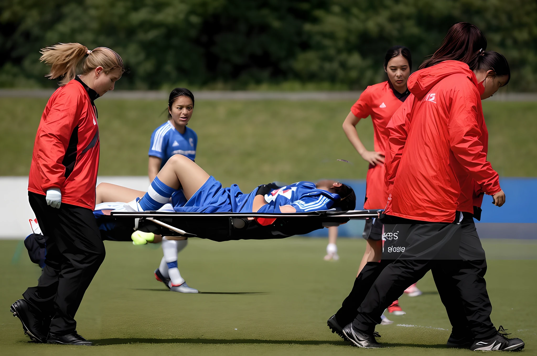 two longhaired chinese women are kneeling in the grass close to a lying male soccer player, two longhaired chinese women in high shine down coats and wetlook leather leggings, two longhaired chinese women are giving treatment to a wounded sportsman in a sports stadium, soccer scene, accident, first aid, help to a wounded man, first aid for an injured soccer player, there is an injured soccer player lying in pain on the ground and covering his agonised and suffering face with both hands, two longhaired chinese women are giving a massage to an injured sportsman who is lying in pain on the ground, two longhaired chinese women are wearing very shiny waterproof clothes, dramatic action scene, hyperrealistic, photorealistic, photo, ultra realistic, theatralic pity pose, celebrating first aid, two longhaired chinese women are looking very concerned and sad, two longhaired chinese women have tears in their eyes, two longhaired chinese women are shouting out angry
