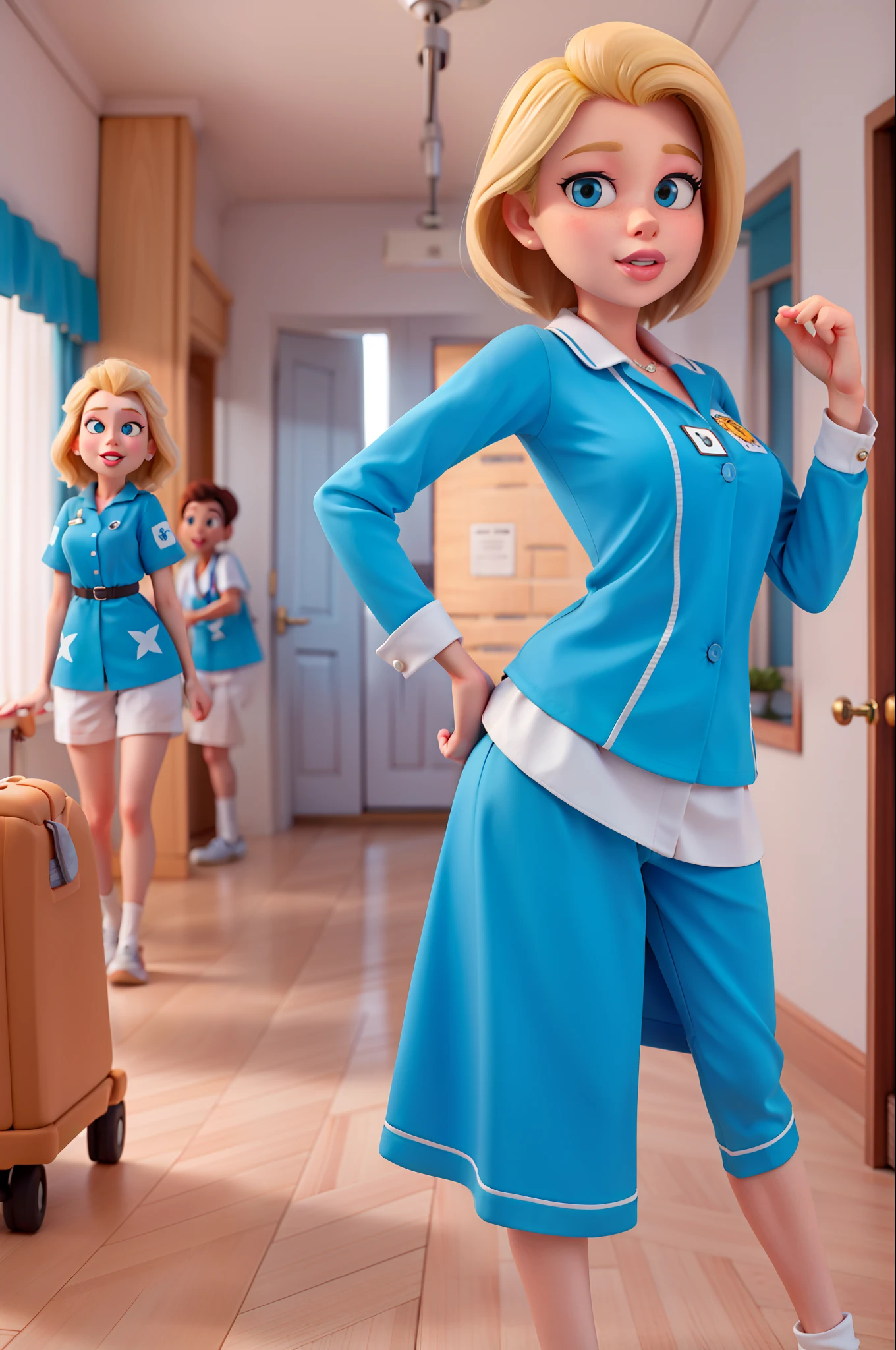 mulher, blonde, enfermeira, hospital, uniforme azul, large lips, uma personagem alegre no estilo Disney Pixar