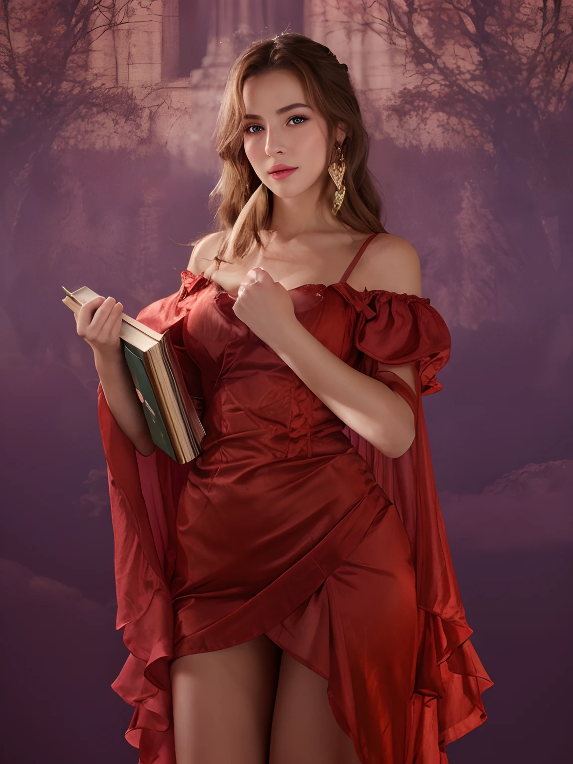 8k,hd,masterpiece,1girl, a close up of a woman in a red dress holding a book, realistic photography, realistic skin details, post-processed,gravure,photoshoot, american models, caucasian, brown hair, hot thight, secretary, fantasy settings