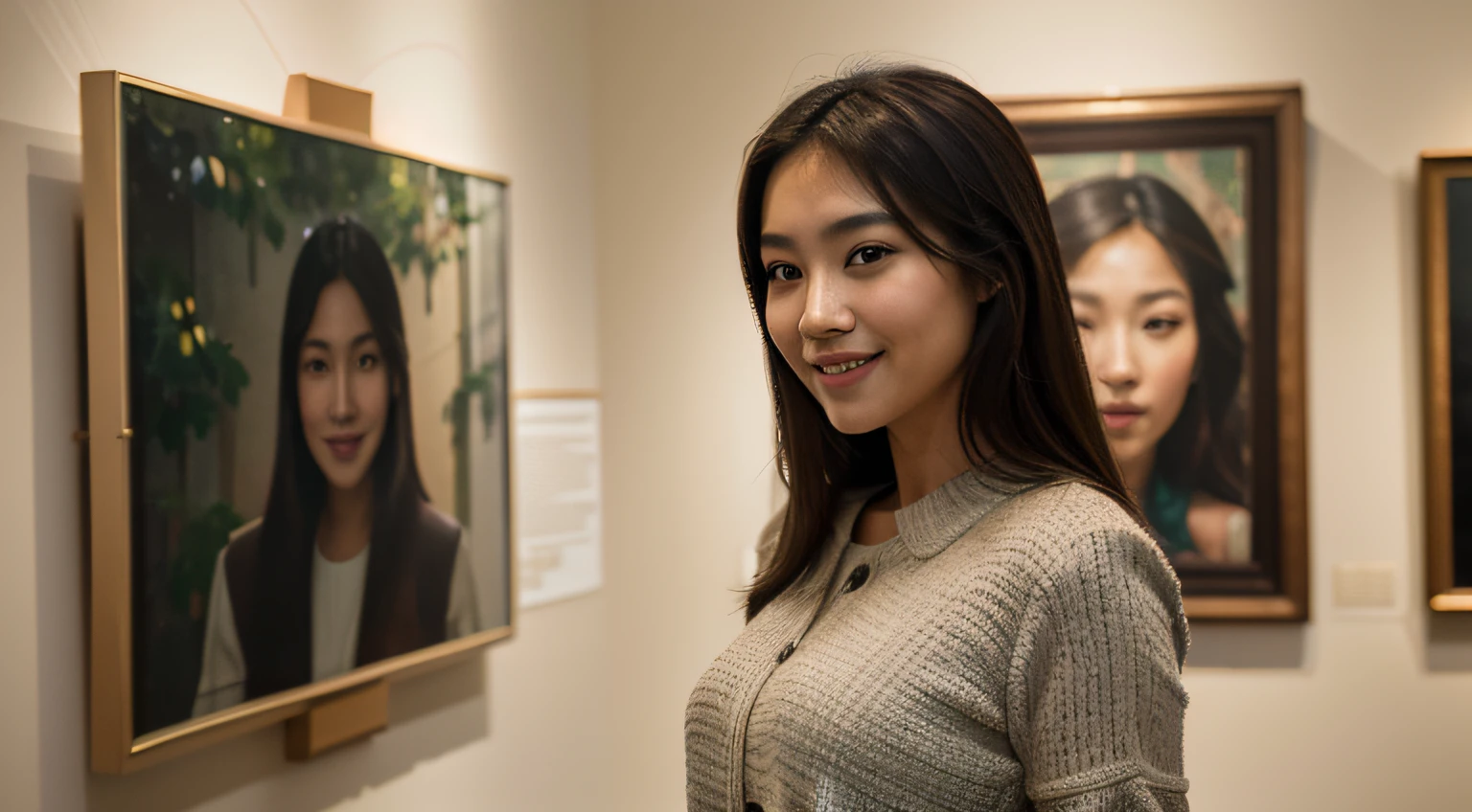 (Best quality, 8k, masterpiece: 1.3), a beautiful Asian woman with dark brown hair, looking at an art piece inside a gallery, smiling, Nikon D850 DSLR 4k camera, 100mm lens, F 1.2 aperture setting, bright and natural lighting, vibrant, relaxing atmosphere