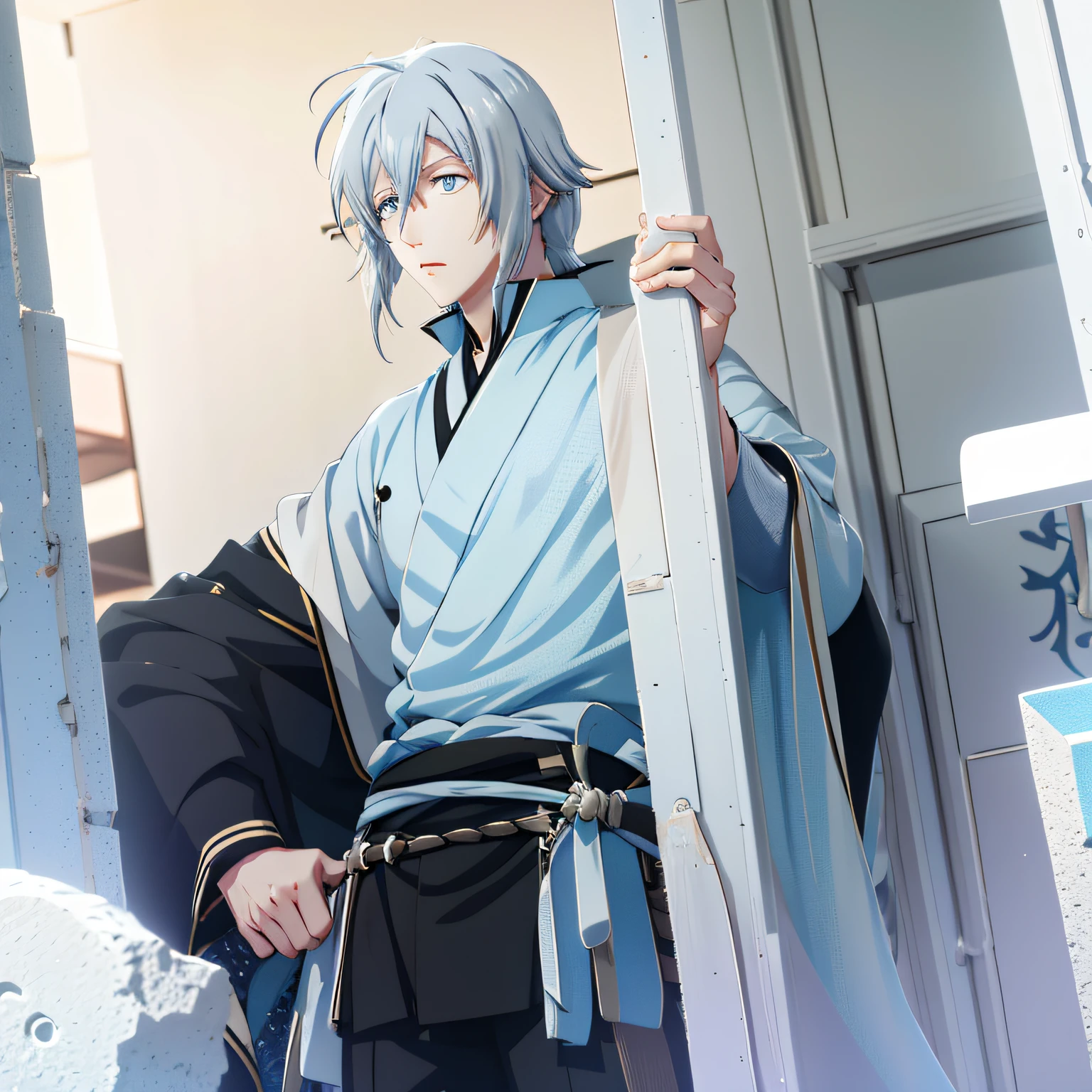 yotsuba tamaki\(idolish7\), 1boy, solo, looking at viewer, male focus, hair between eyes, bangs, white hair, blue eyes, close-up