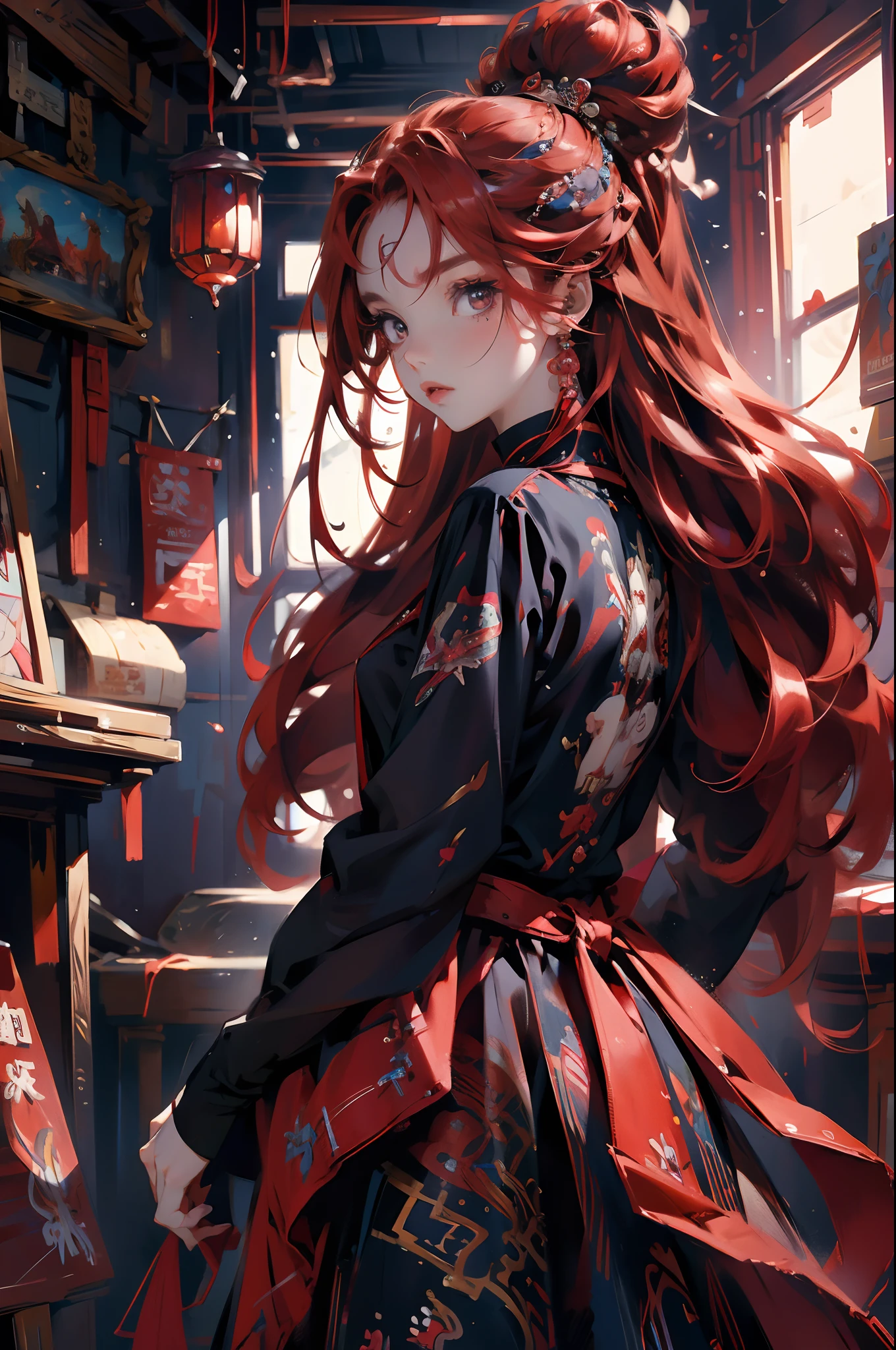 Anime girl with red hair and blue dress, Red hair, red waist-long hair, Digital art on Pixiv, beautiful anime art style, red haired goddess, a beautiful anime portrait, Beautiful anime style, Red-haired girl, drawn in anime painter studio, she has red hair, Anime girl with long hair, Red-haired girl，Guviz, style of anime4 K