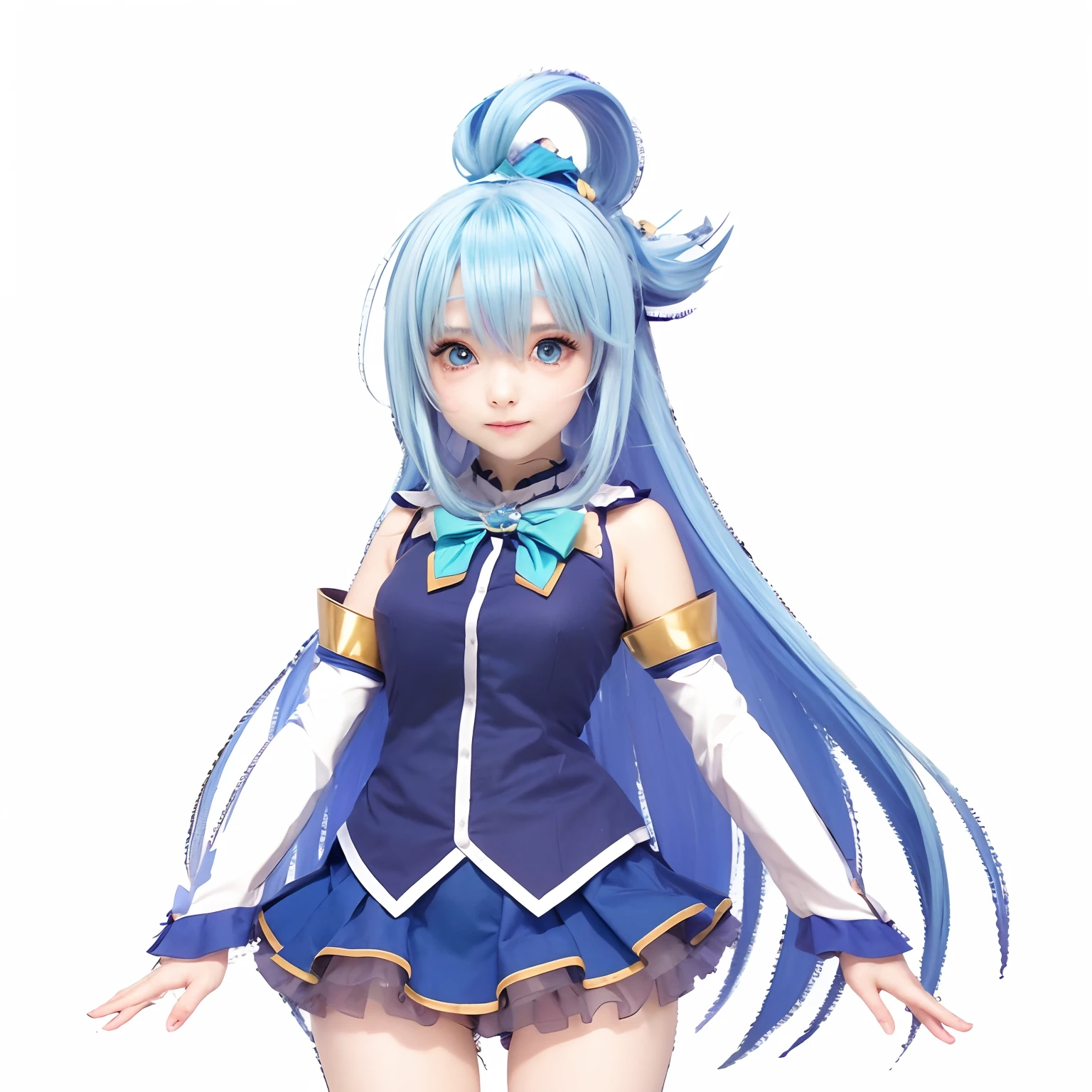 Arafed girl with blue hair and a bow in a short skirt, aqua from konosuba, konosuba, konosuba style,