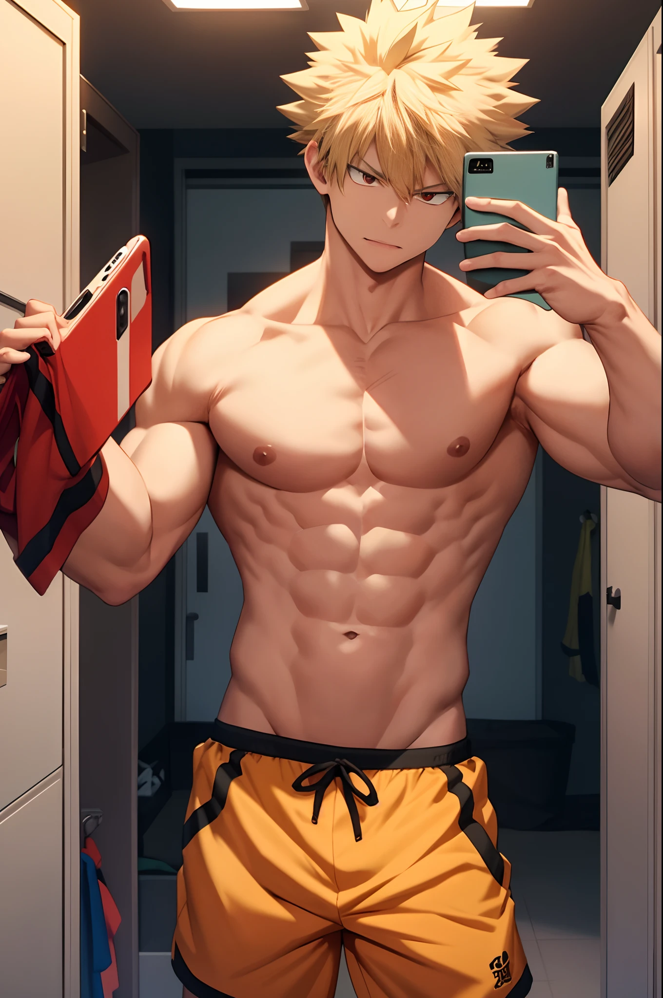 masterpiece, best quality,  1boy, solo, male focus, looking at viewer, upper body, bakugo katsuki, yellow longhair, shirtless, toned muscle, pectorals, abs, toned legs, boxer shorts , locker room, taking selfie, holding cellphone,  fire red eyes