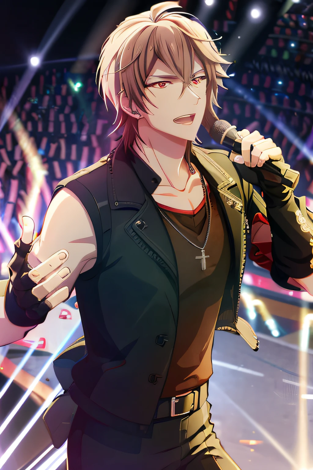Torao Mido\(idolish7\), (1boy, Solo:1.4), Looking at Viewer, Male Focus, Bangs, Brown hair, Red Eyes, Evil smile, Jacket, Black Gloves, Belt bag, Fingerless gloves, Shirt, Necklace, microphone, Singing, Midnight, Neon lighting