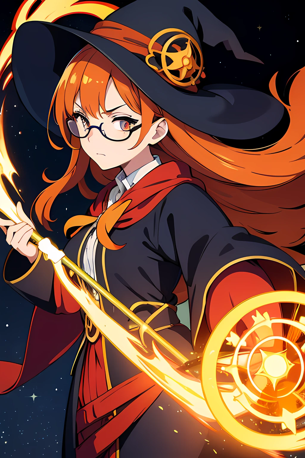 (1 girl, wearing round glasses), (beautiful eyes finely detailed, face to detail, dark orange hair, long hair), wearing librarian outfit and witch hat, angry facial expression, holding a mystic staff, she hold mystic staff with flames coming out from her mystic staff and casting powerful magic spell, The background is a magical circle in mahoutsukai no yome style, ​many magical particle in front of her, full body, masterpiece, top-quality, detailed, High resolution illustration