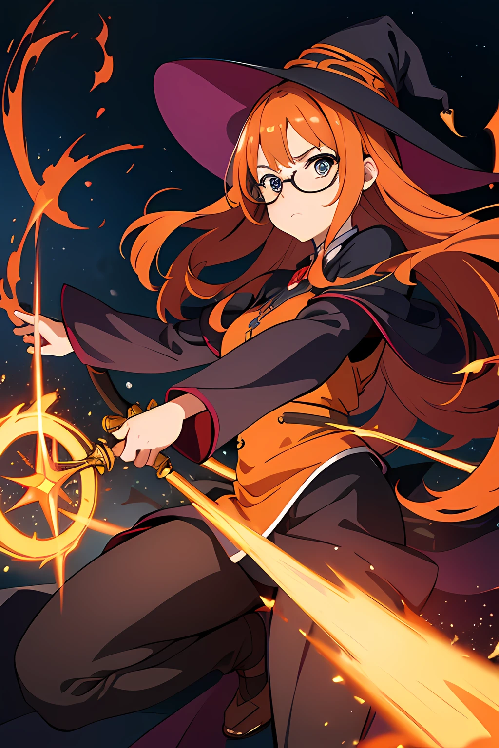 (1 girl, wearing round glasses), (beautiful eyes finely detailed, face to detail, dark orange hair, long hair), wearing librarian outfit and witch hat, angry facial expression, holding a mystic staff, she hold mystic staff with flames coming out from her mystic staff and casting powerful magic spell, The background is a magical circle in mahoutsukai no yome style, ​many magical particle in front of her, full body, masterpiece, top-quality, detailed, High resolution illustration