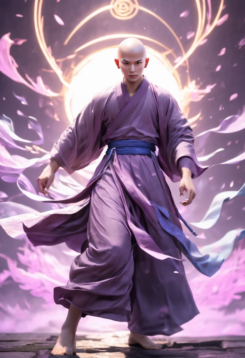 A handsome Shaolin monk、(((1 juvenile,bald-headed,buddhist monk,full bodyesbian,tear-mole:)))full bodyesbian,Sharp eyes,Clear facial features,wearing a hanfu,Fighting,Strong dynamic posture,The body is surrounded by purple mist,Runes surround you,martial arts action,Holographic reality,holographic halo,dynamic blur,Game lighting effects,rim-light,Soft light,cinematic rim light,The light is delicate