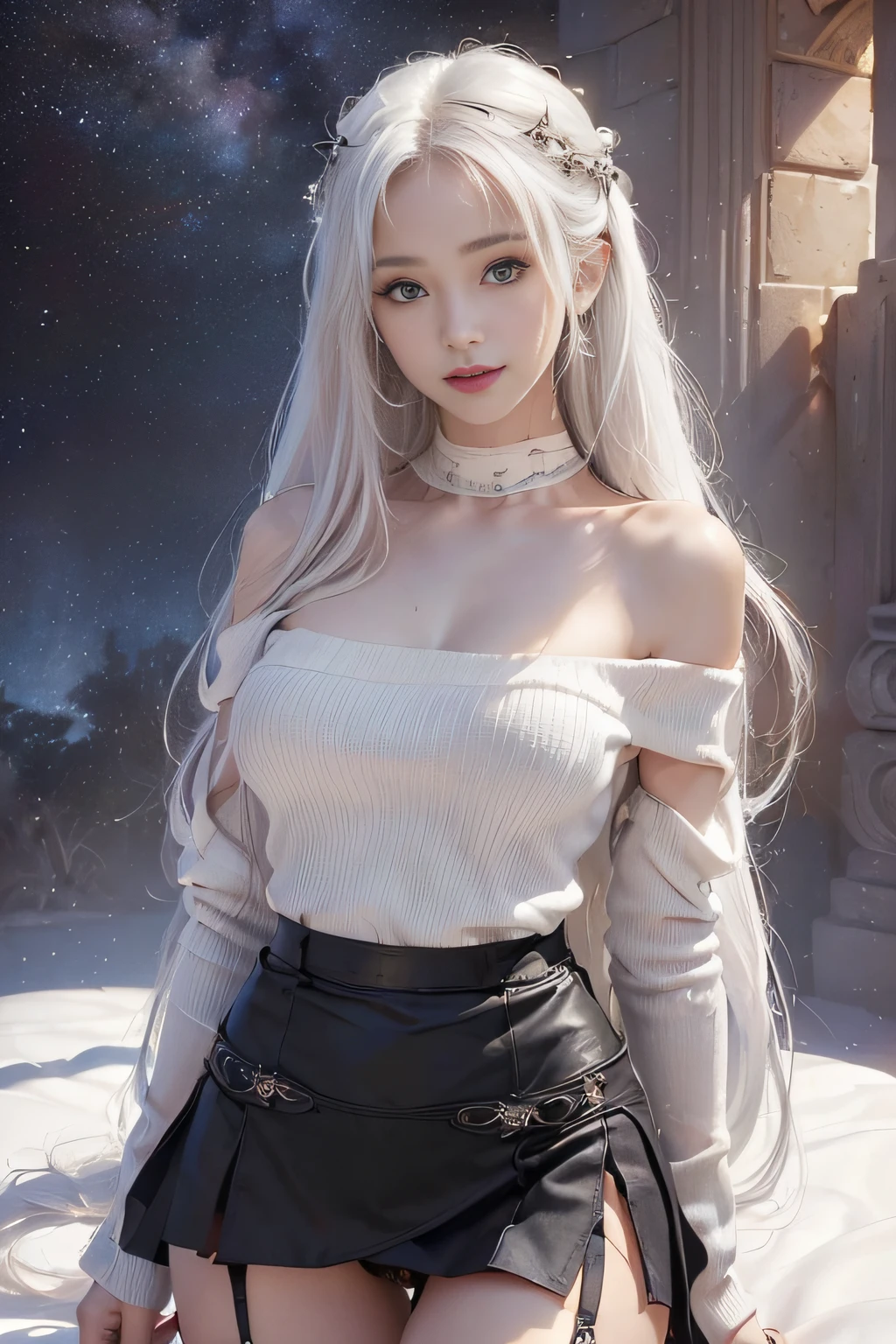 ((tmasterpiece:1.4)、(top-quality:1.4)、(reallistic:1.7))、By Luis Royo(By Luis Royo)Surreal portrait of a beautiful girl、Super beautiful girl、((1girl in:1.4))、Shiny natural skin texture、Authors:By Luis Royo(By Luis Royo)、age19、(Two arms:1.4、Two legs:1.4)、(perfect anatomia:1.4)、(Perfect female body:1.4)、Portrait photo of a girl、Close-up photos、Full body shooting、((masutepiece:1.4), (of the highest quality:1.4), (Realistic:1.7), By Luis Royo, Beautiful Girl, Super beautiful girl, ((1girl in:1. 4), Shiny natural skin texture, Authors: By Luis Royo, 19 years old, (Perfect female body: 1.4), (Perfect female body: 1.) 4), Portrait photo of a girl, Close-up photos, (Full body photo), Fantasy Art, Soft front light, Beautiful expression, Kawaii face, Beautiful breasts, Large Full Breasted: 1. 2, Beautiful buttocks, Fine eyes, Clear and eye-catching, beautiful and alluring, Beautiful eyes, thin waist, Raw photo, Red lips, ((White hair, Long hair)) , 1 Screen View, ),((Off-the-shoulder hand-knitted sweater))、((Black tight skirt))、 (sexyposture), (the milky way in the sky),((White T-back panties))、((Black garters and garter belts))、(A smile)、((Vaginal orchids))、((erection)),((sexypose))