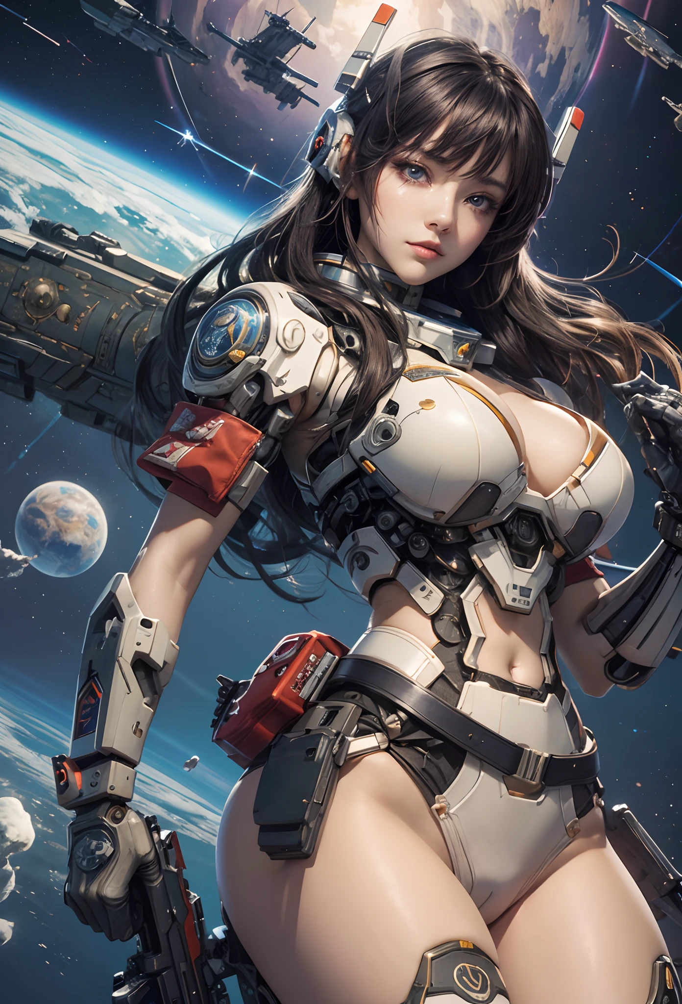 (Detailed illustrations,Very detailed and detailed drawing,Delicate lines with slow and rapid,Realistic texture expression),[Color tressed main line],(Space Battlefield [Space Mobile Fortress]),[独奏],HENTAI (((ANIME) BIONICGirl) Beauty  ((well-muscled) [plump])) (Astronauts Cyborg) [Space Marine Corps Military [MASCHINEBODY]],Bullet Belt Javelin [[Firearms, Machine Guns, Bazookas] Saber Rifle ][[Rocket Pack]],Zero Gravity Front,gravure [[White Devil] [Outer space combat]] Battle Damage,[retro-futuristic],(Intricate and beautiful decoration [Dense detail]),(Fine and beautiful skin expression [Transparency]),[Perfect eye details (Iris beautifully drawn in every detail)[Jewel-like eyes]],[long and beautiful eyelashes],[Meticulously drawn hair [More on beautiful and shiny hair]],(Perfect hand details [Beautiful fingers without breakdowns [Beautiful nails]]),(Perfect Anatomy (Perfectly proportioned)) [[Full body like]],[[Design built to the highest level]][Ideal color coordination(Accurate simulation of light-material interactions)],(HighQuality,[Precision Detail] hight resolution,(detaileds,high-detail)),[Visual art that conveys a sense of narrative].