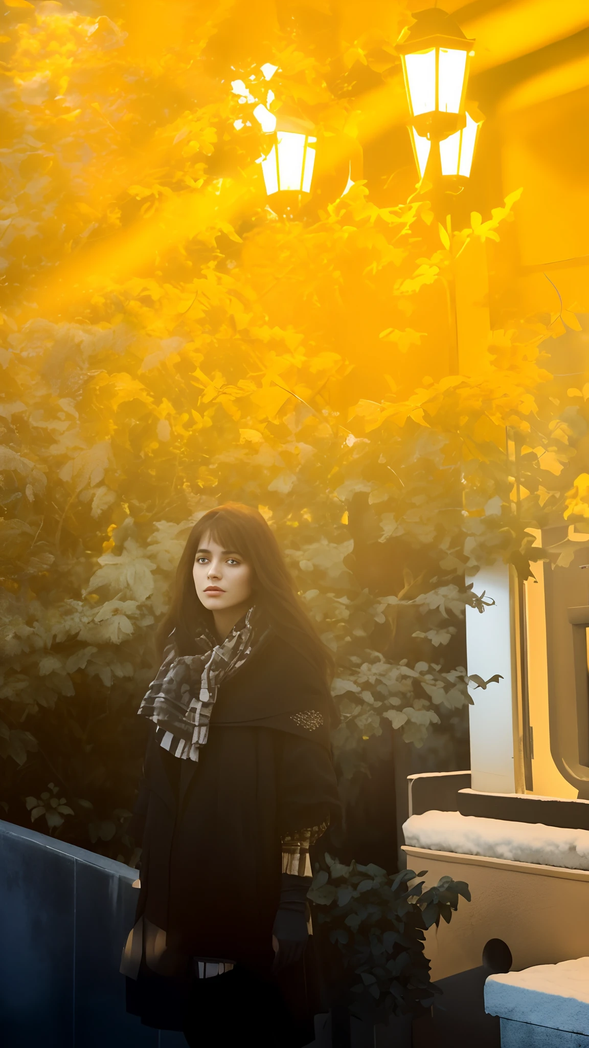 (Highest Quality: 1,3), The girl is beautiful,morena,Standing by the lantern,A lantern illuminates her,winter,Cold ,snowfall, Cinematic Snapshot, tmasterpiece, (sharp-focus: 1,5), (photo-realistic: 1,3), medium portrait of, giving the scene a gloomy atmosphere, but giving the shapes a sharp chiaroscuro), the night, (very detailed skin), (detailized face), Detailed background, Dark lighting, crepuscular lighting, voluminous lighting, Complicated details, UHD,