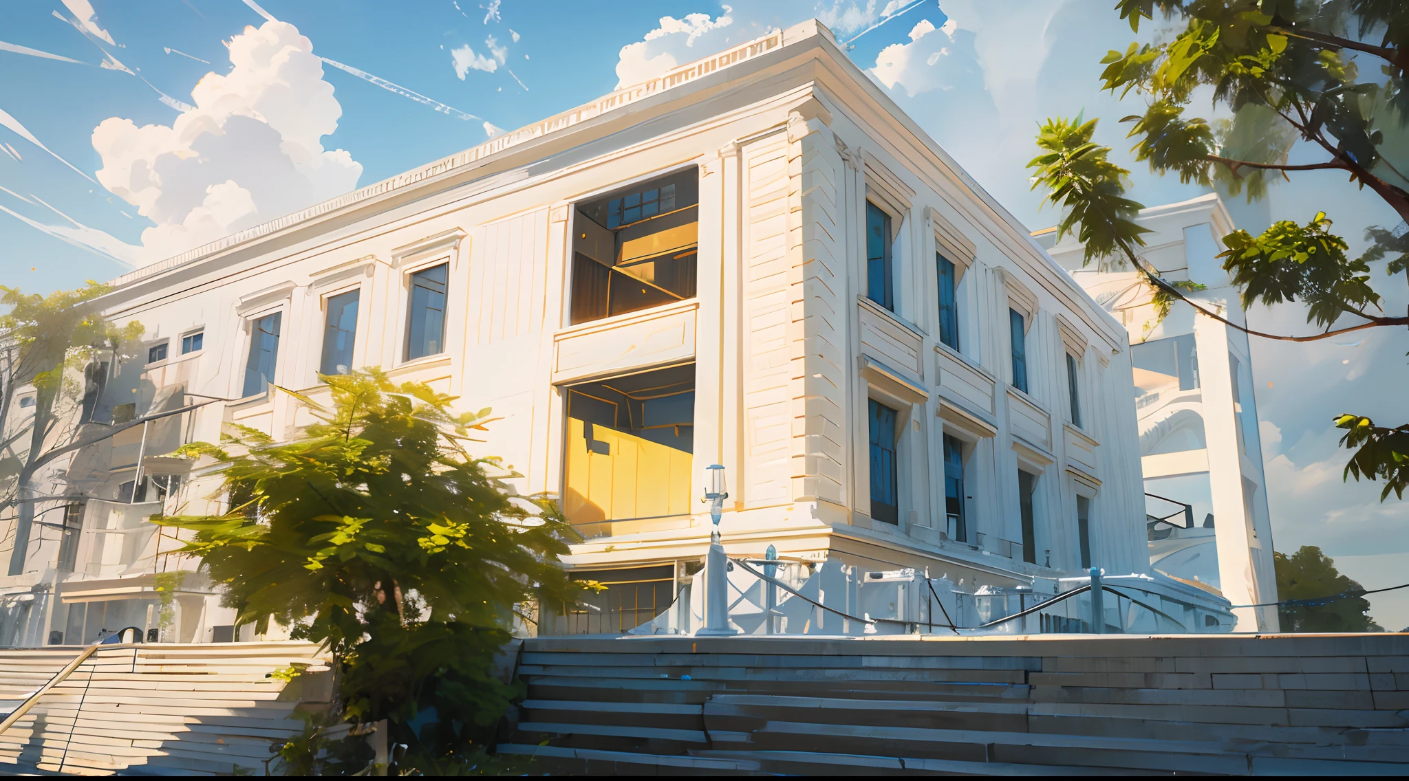 there is a white building with a blue roof and a fence, white building, neo-classical, neo - classical, neo - classical style, building facing, front-view, exterior view, frontview, mid-view, arhitectural shot, neo classical architecture, neoclassical style, view from ground level, neoclassicism style, 3d printed building,wall painted yellow to imitate stone,white clouds ,brown aluminum glass window